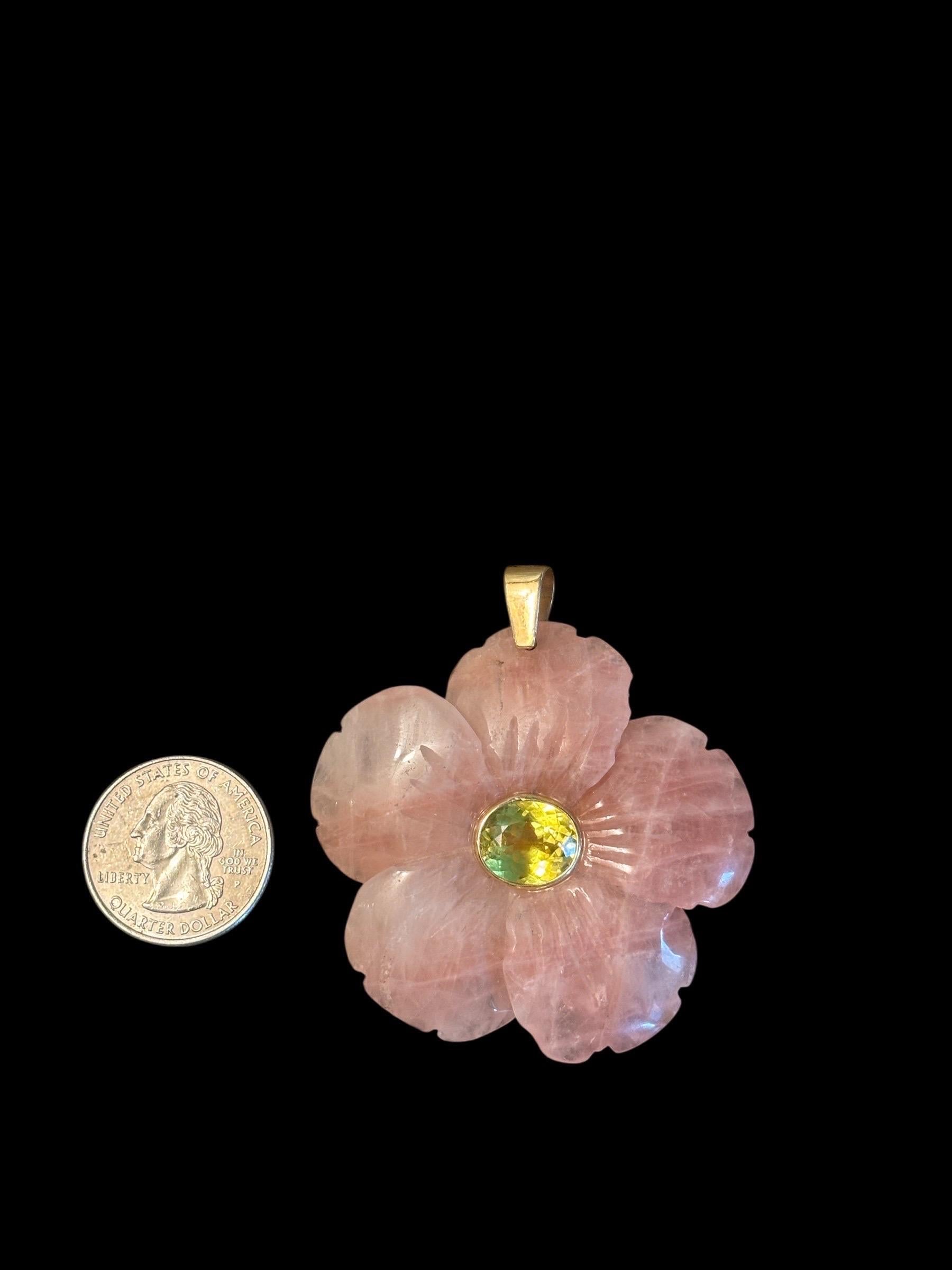 FLORA PENDANT, x-large, Rose Quartz with Citrine & 14k Gold For Sale 1