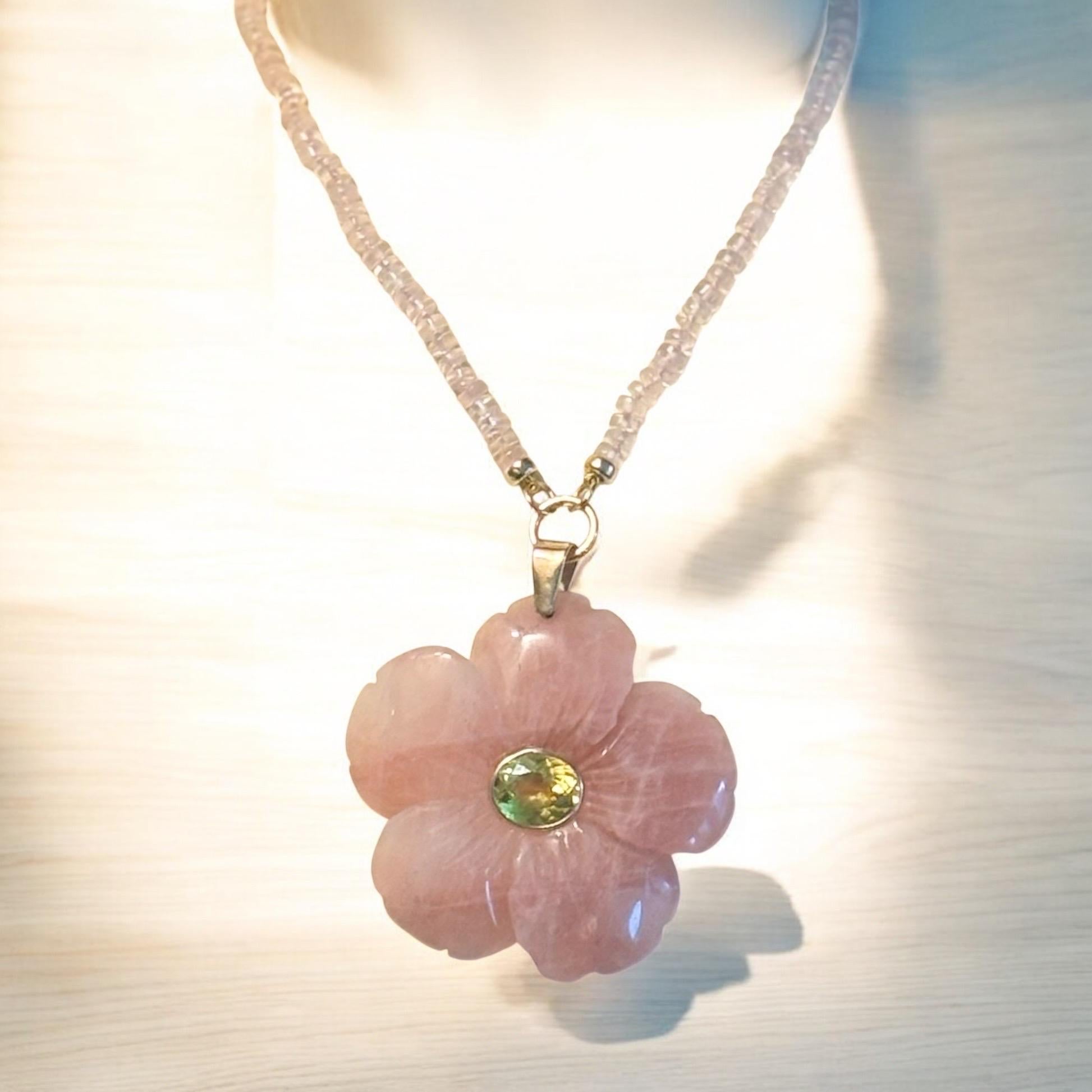 FLORA PENDANT, x-large, Rose Quartz with Citrine & 14k Gold For Sale 2