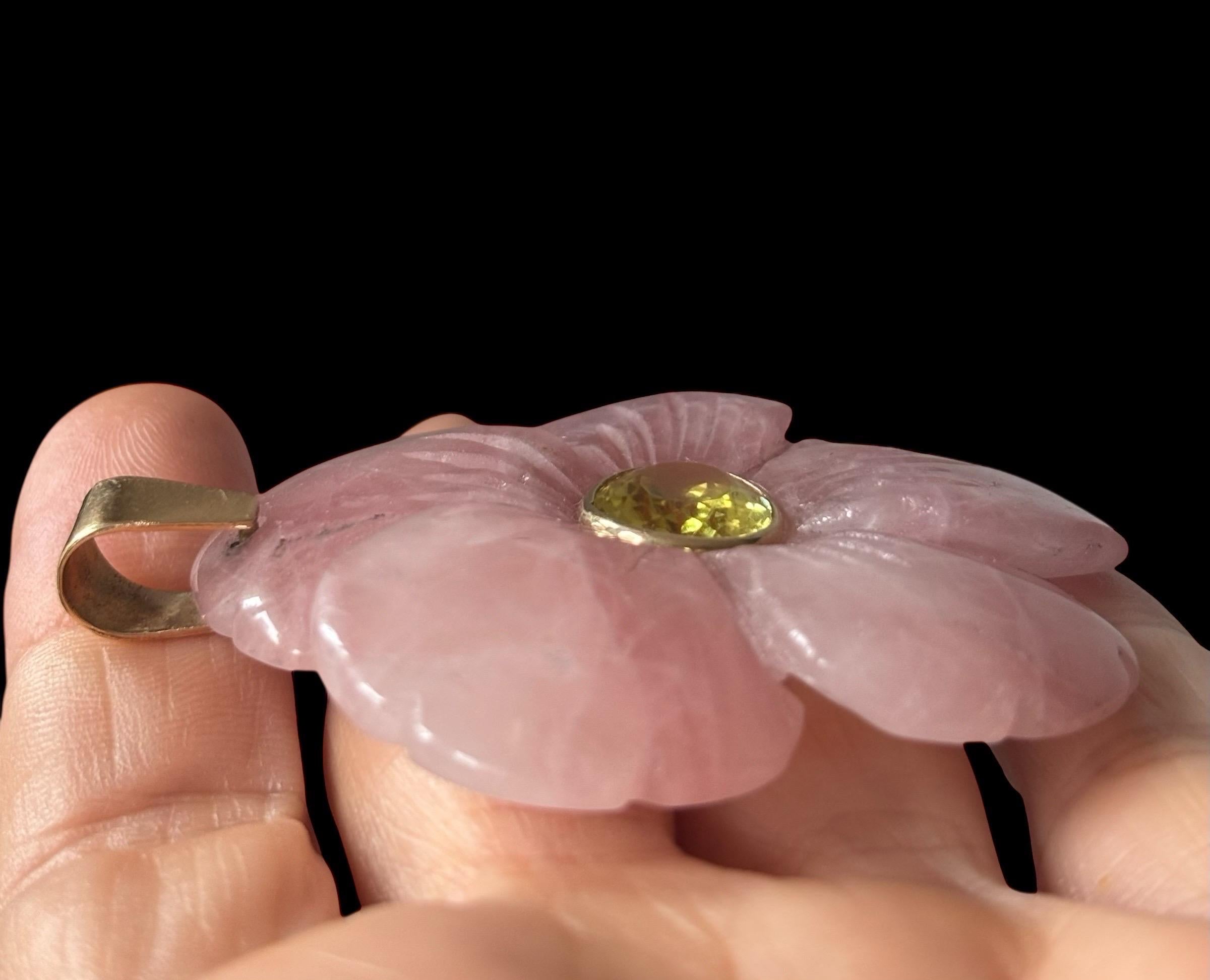 FLORA PENDANT, x-large, Rose Quartz with Citrine & 14k Gold For Sale 3