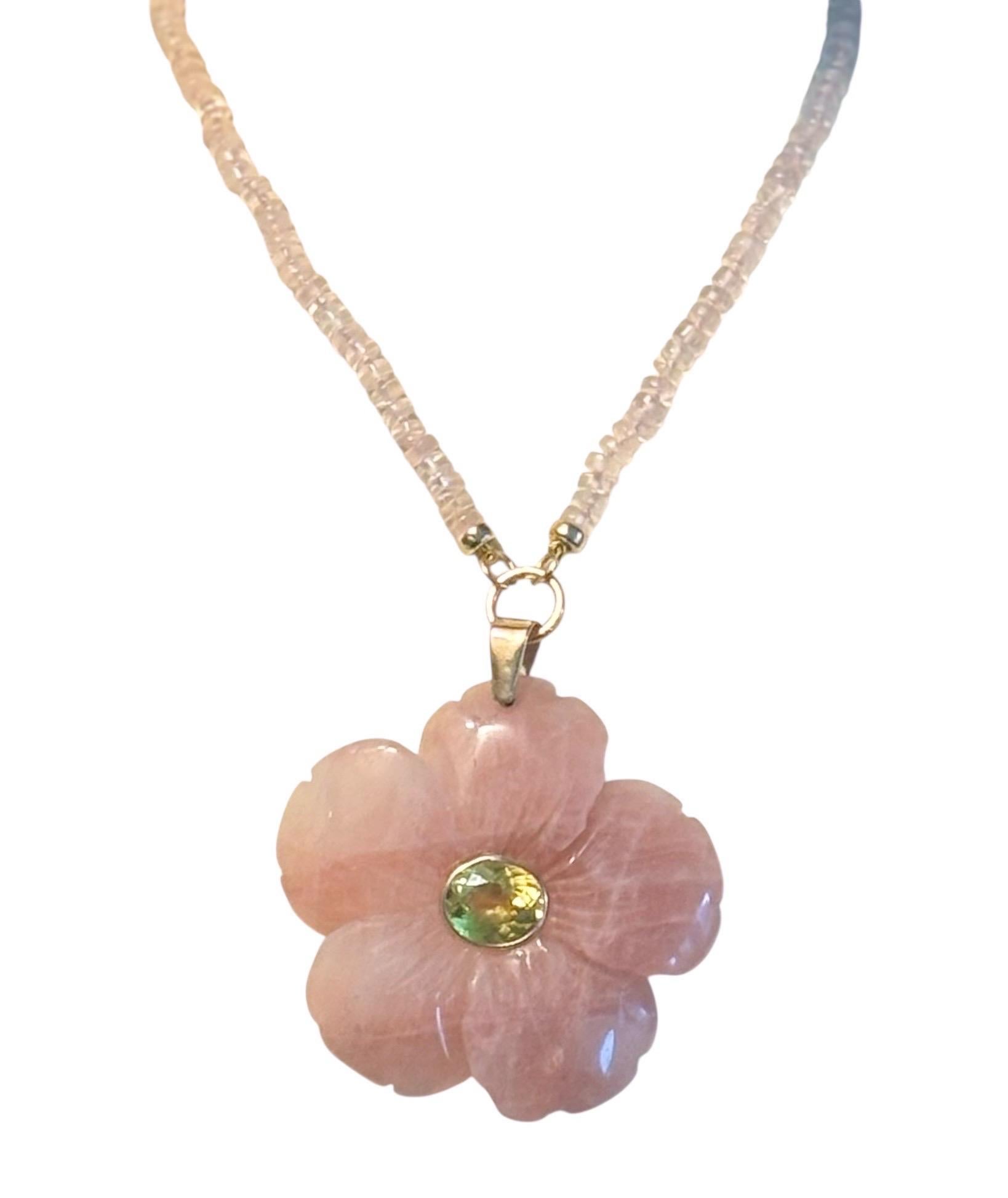 FLORA PENDANT, x-large, Rose Quartz with Citrine & 14k Gold For Sale 4
