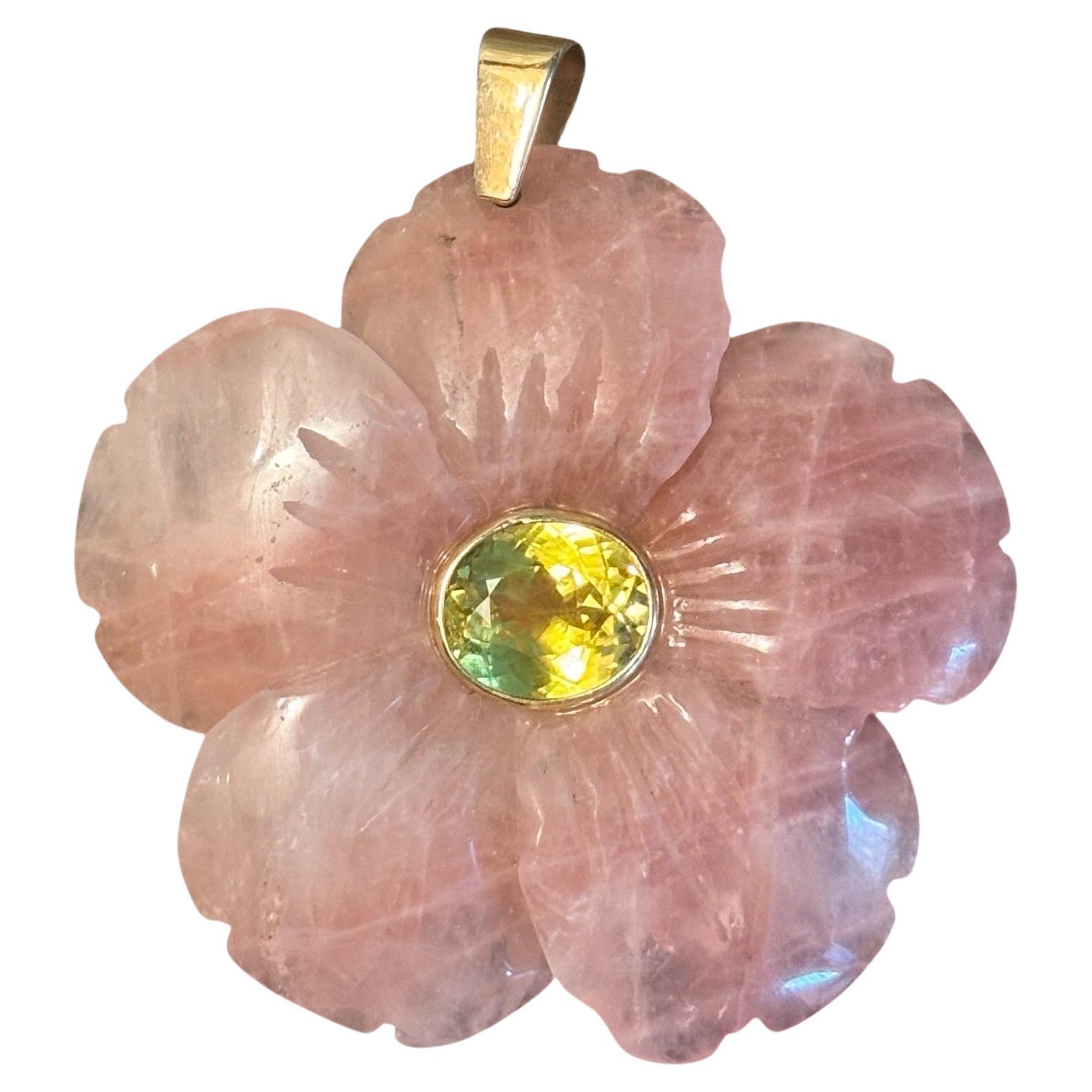 FLORA PENDANT, x-large, Rose Quartz with Citrine & 14k Gold