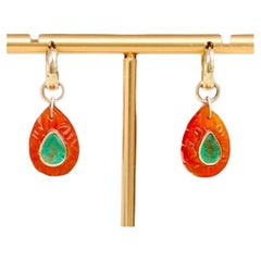 Boucles d'oreilles pétales FLORA : Cornaline, émeraudes, diamants et or 14k