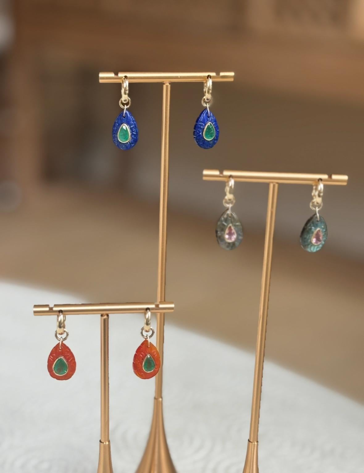Boucles d'oreilles pétales FLORA : Labradorite, tourmaline rose, diamants et or 14k en vente 6