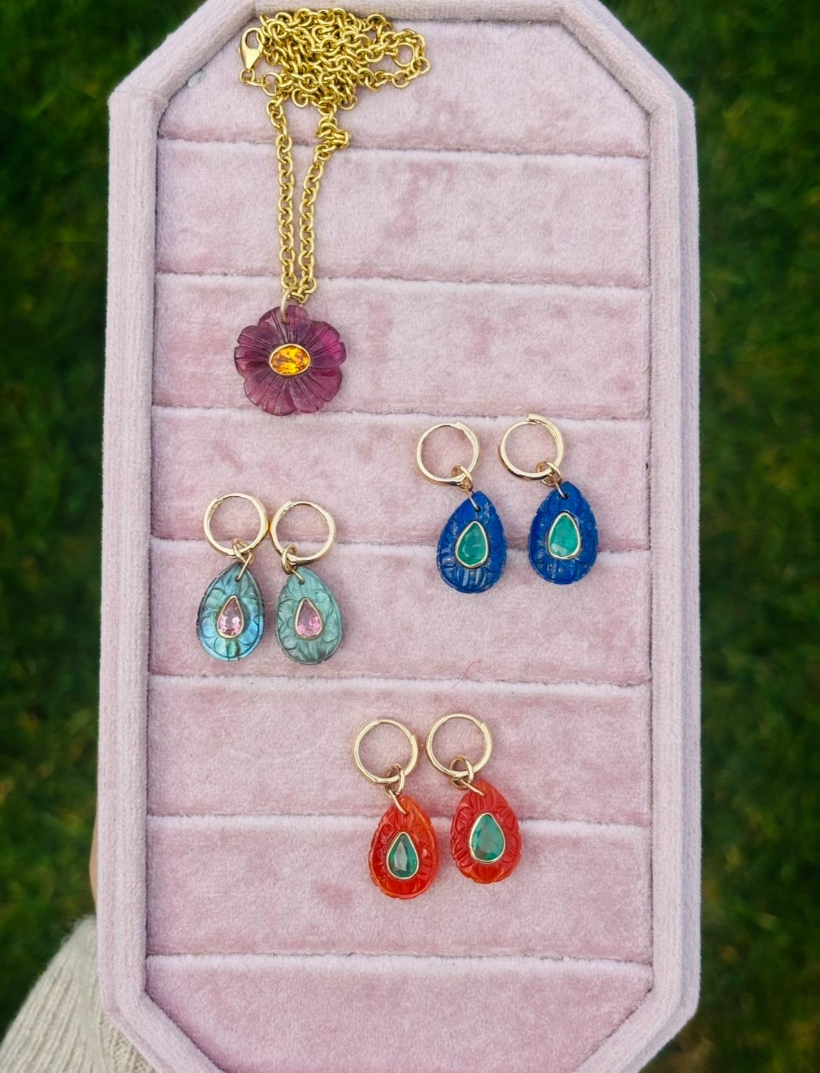 Boucles d'oreilles pétales FLORA : Labradorite, tourmaline rose, diamants et or 14k en vente 2