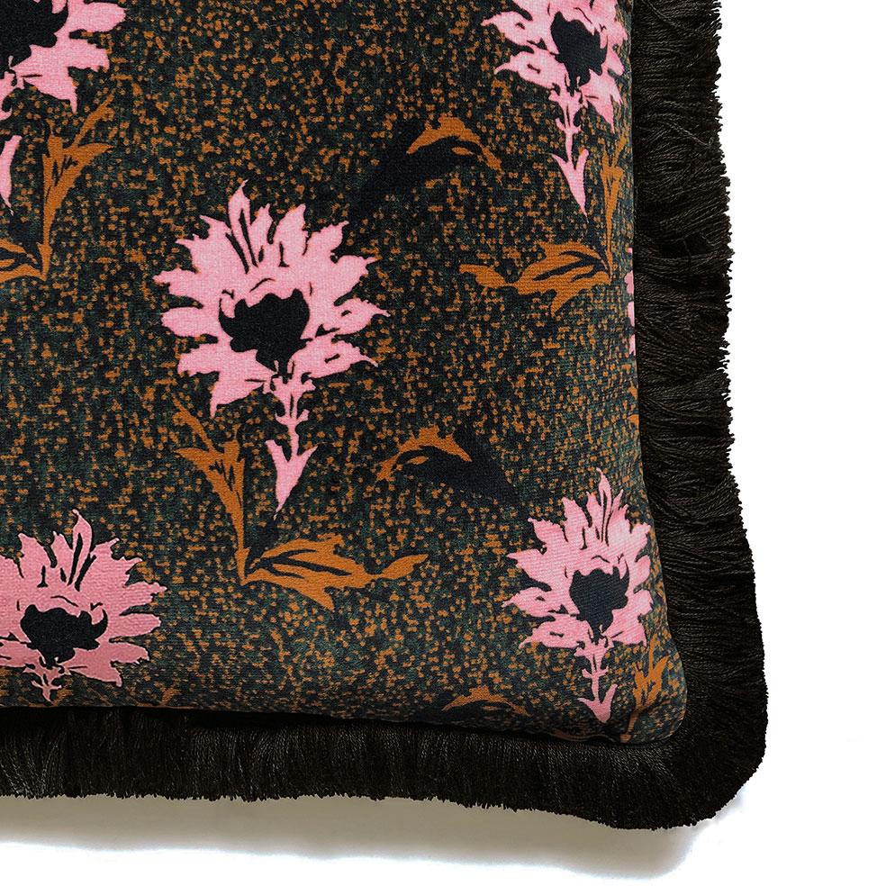 British Flora Flower Pink Fringe Velvet Cushion For Sale