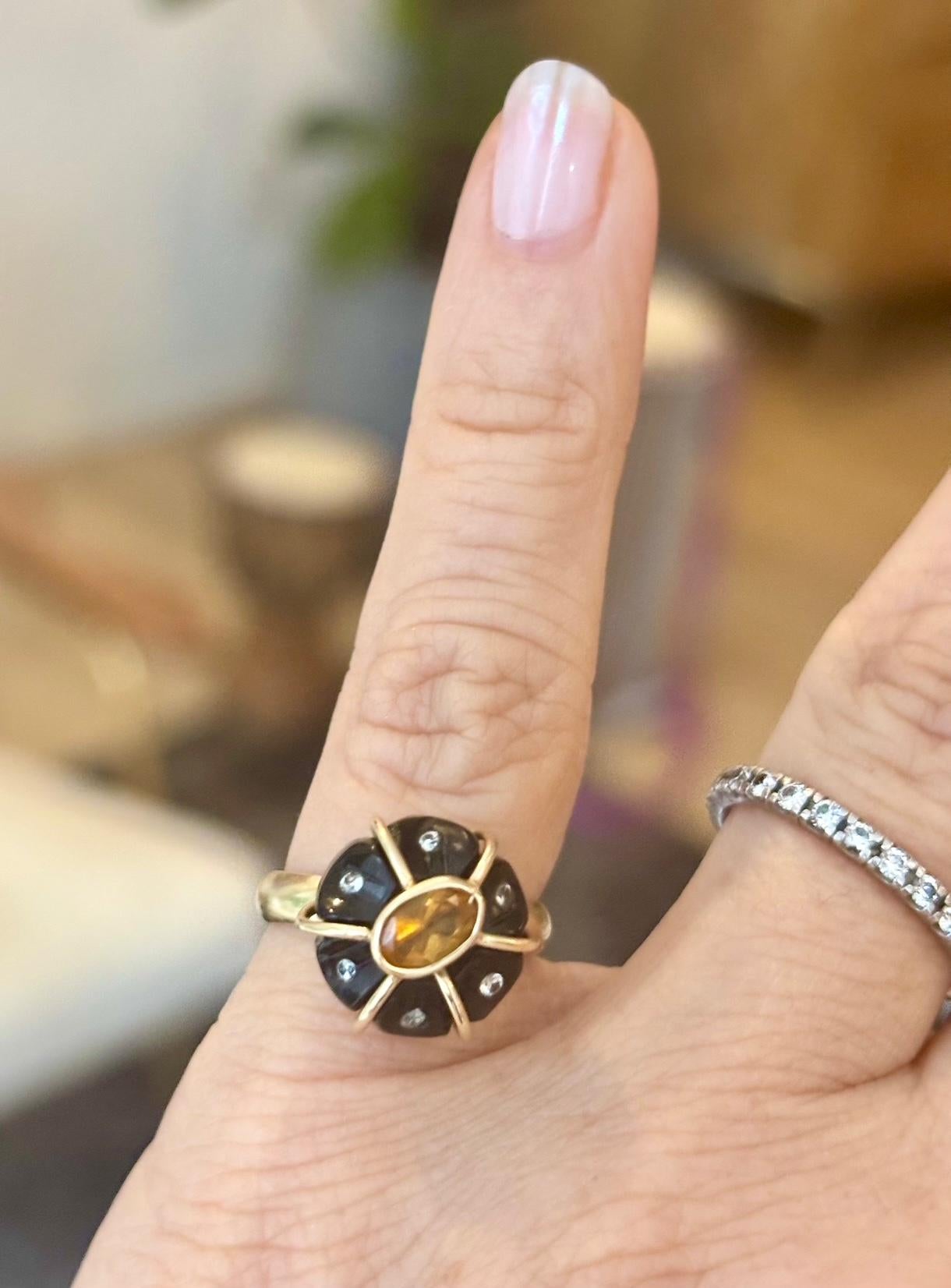 BAGUE FLORA, Onyx noir, Citrine, Diamants et or 14k Unisexe en vente