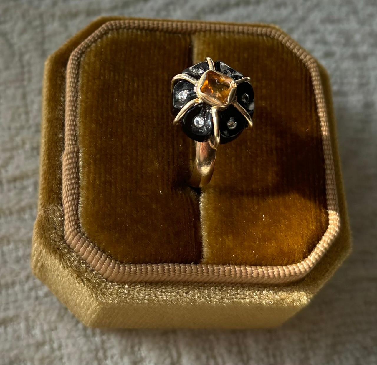 BAGUE FLORA, Onyx noir, Citrine, Diamants et or 14k en vente 1
