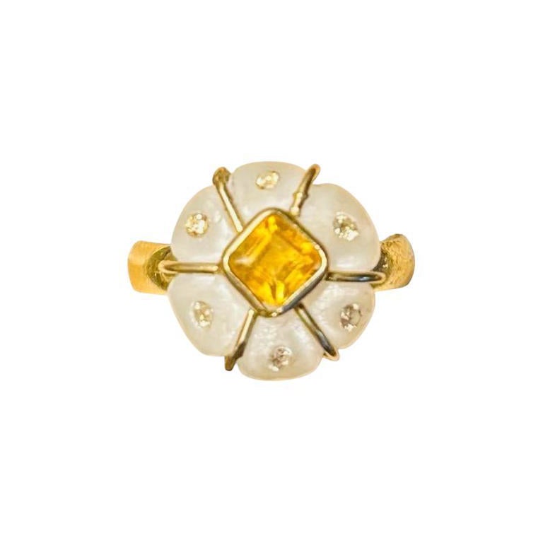 ANELLO FLORA, pietra di luna, citrino, diamanti champagne, oro 14k in vendita
