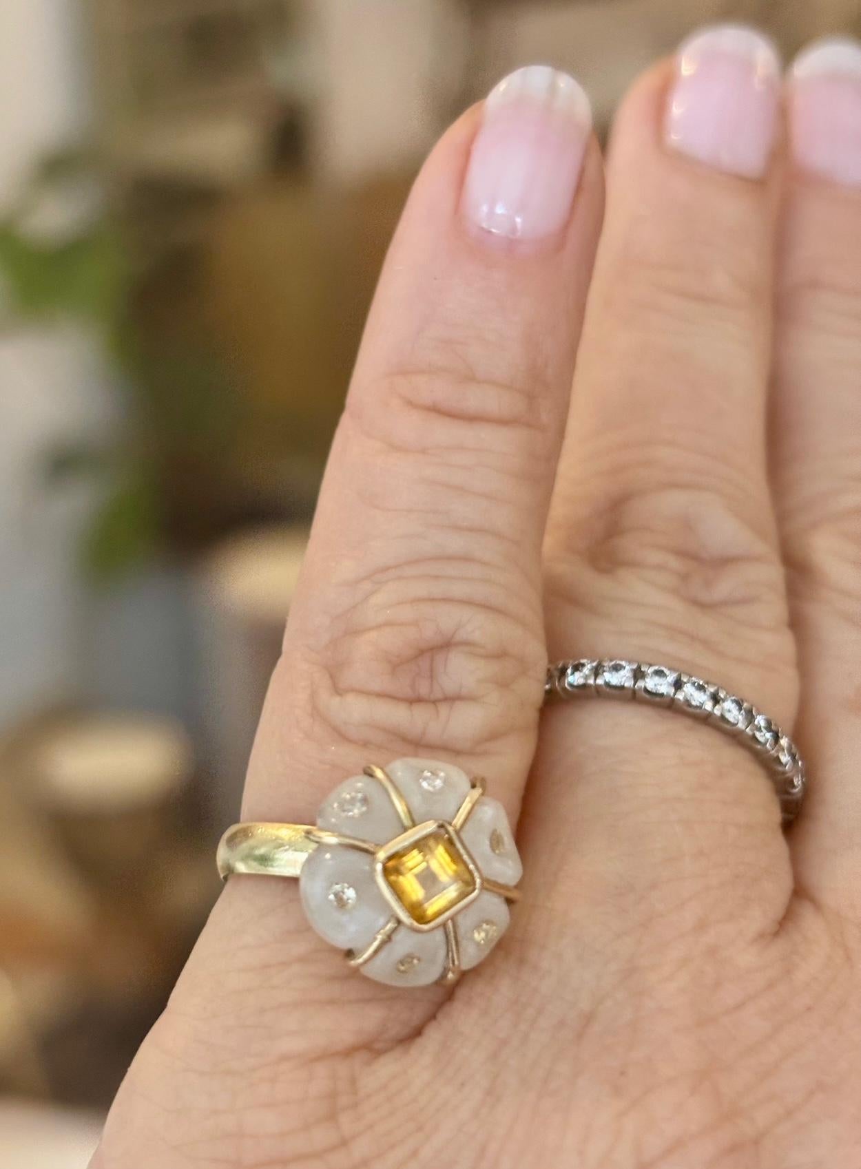 Contemporary FLORA RING, Moonstone, Citrine, Champagne Diamonds, 14k Gold For Sale
