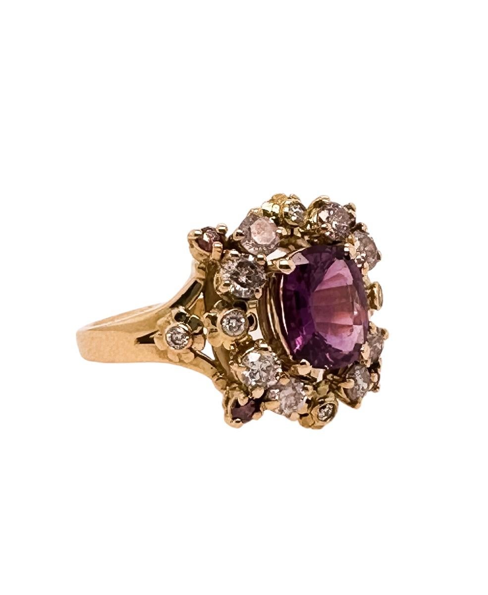 NEW Flora Ring - purple sapphire 1.99ct  with mixed (natural) pink and white diamonds .50ct (the dark pink diamonds have been heated) set in 18ct yellow gold mount. This ring is a showstopper and a part of Esther's 'Vine Leaf and Flora' collection,