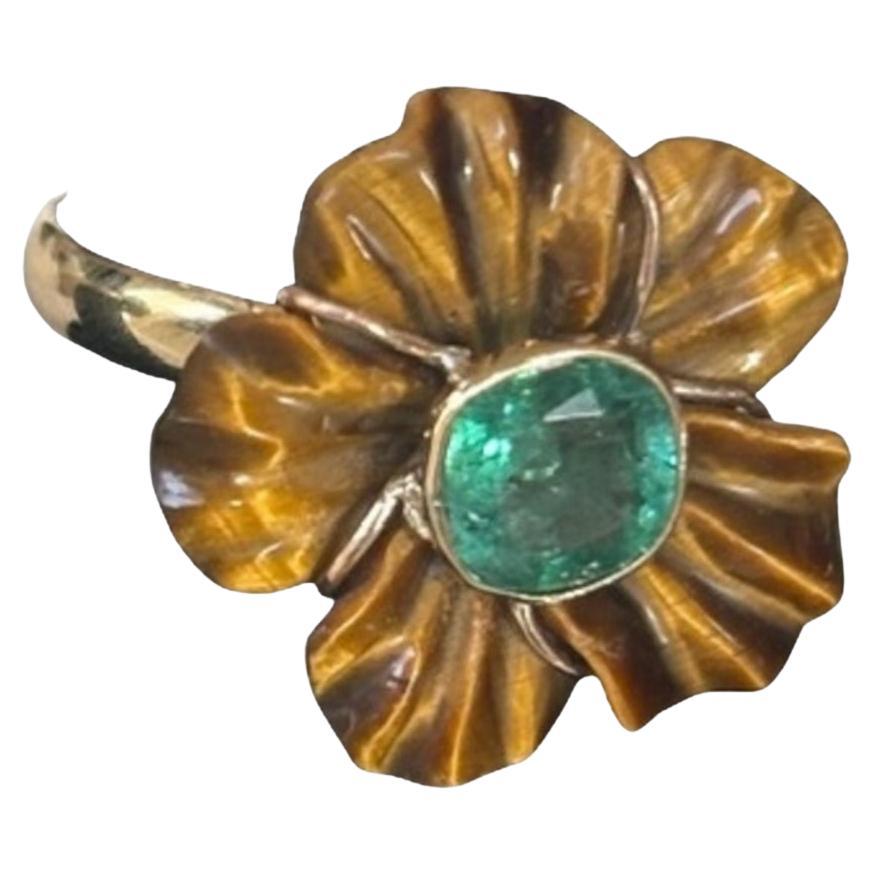 FLORA RING, Tiger's Eye Flower with Emerald and 14k Gold