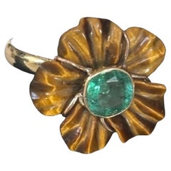 FLORA RING, Tiger's Eye Flower with Emerald and 14k Gold