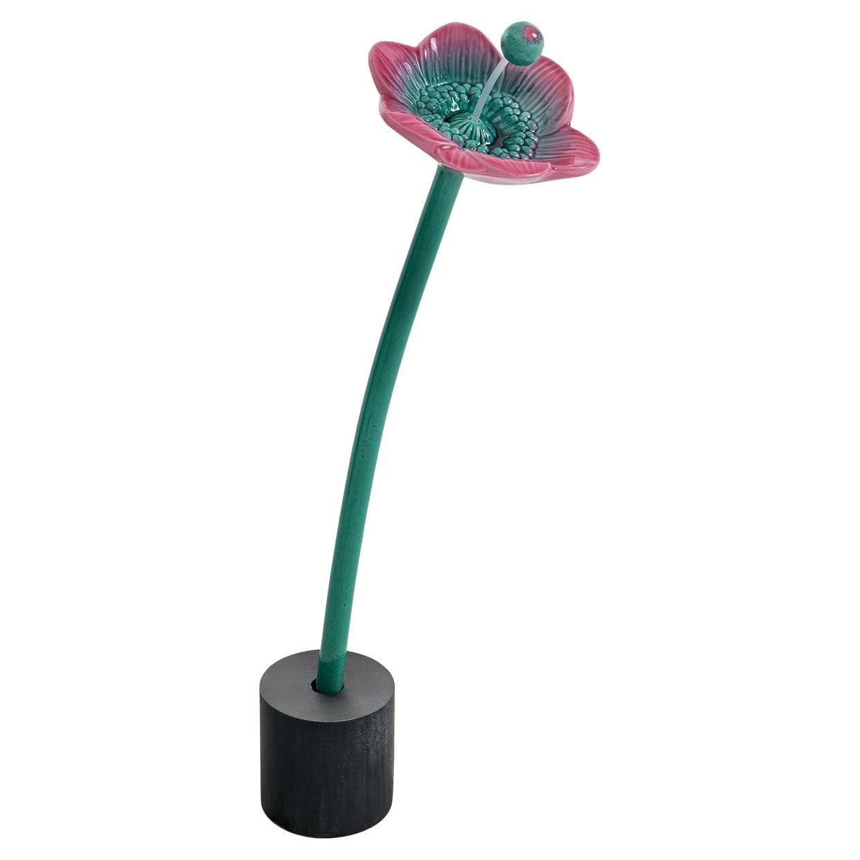 Flora Turquoise Green and Pink Fern Flower Glazed Ceramic Sculpture For Sale