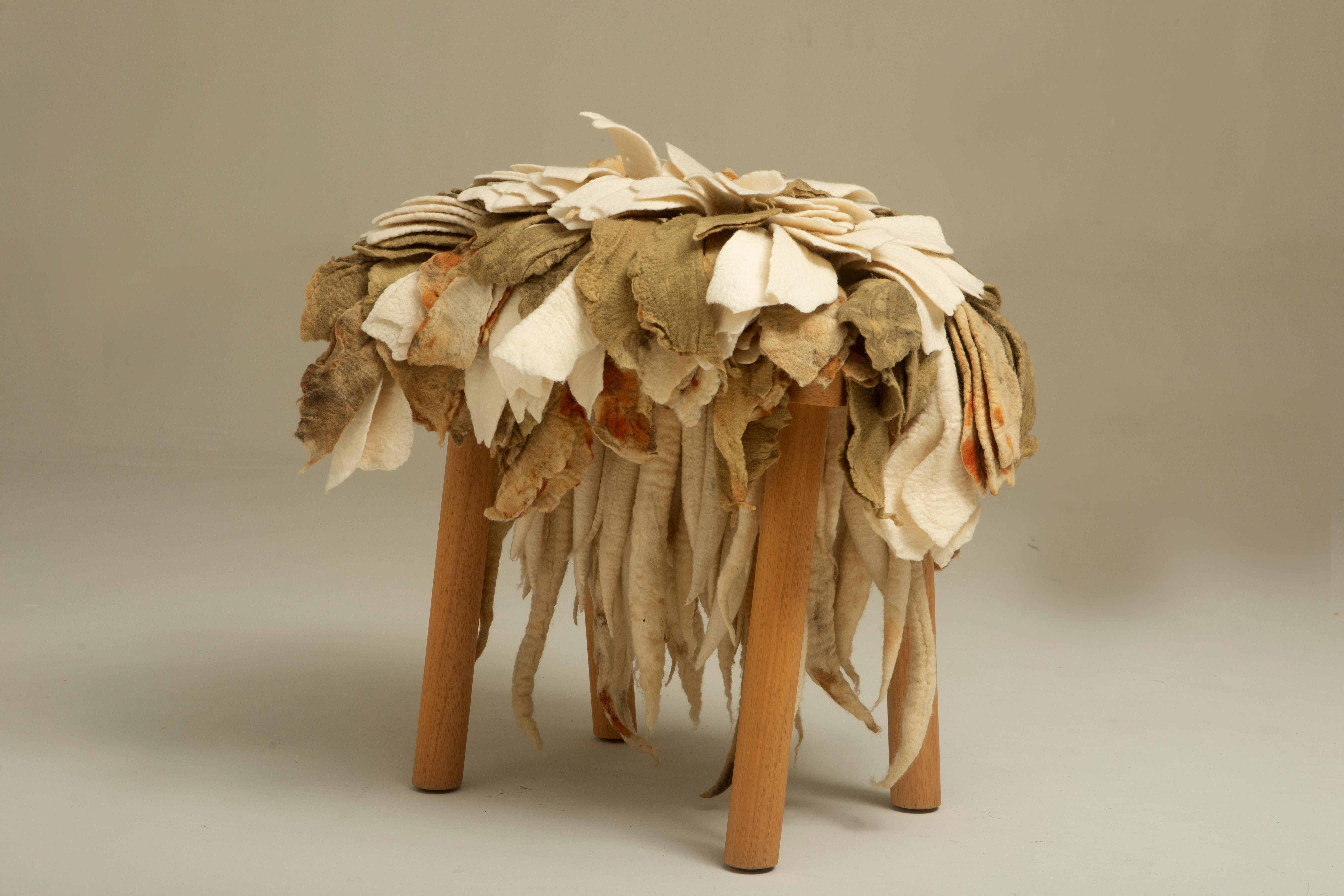 “Florada” Stool in Wool and Wood by Inês Schertel, Brazil, 2021

Ines Schertel's primary material is sheep's wool. As a practitioner of Slow Design, the artist takes a holistic approach to textile design, personally overseeing the whole process from