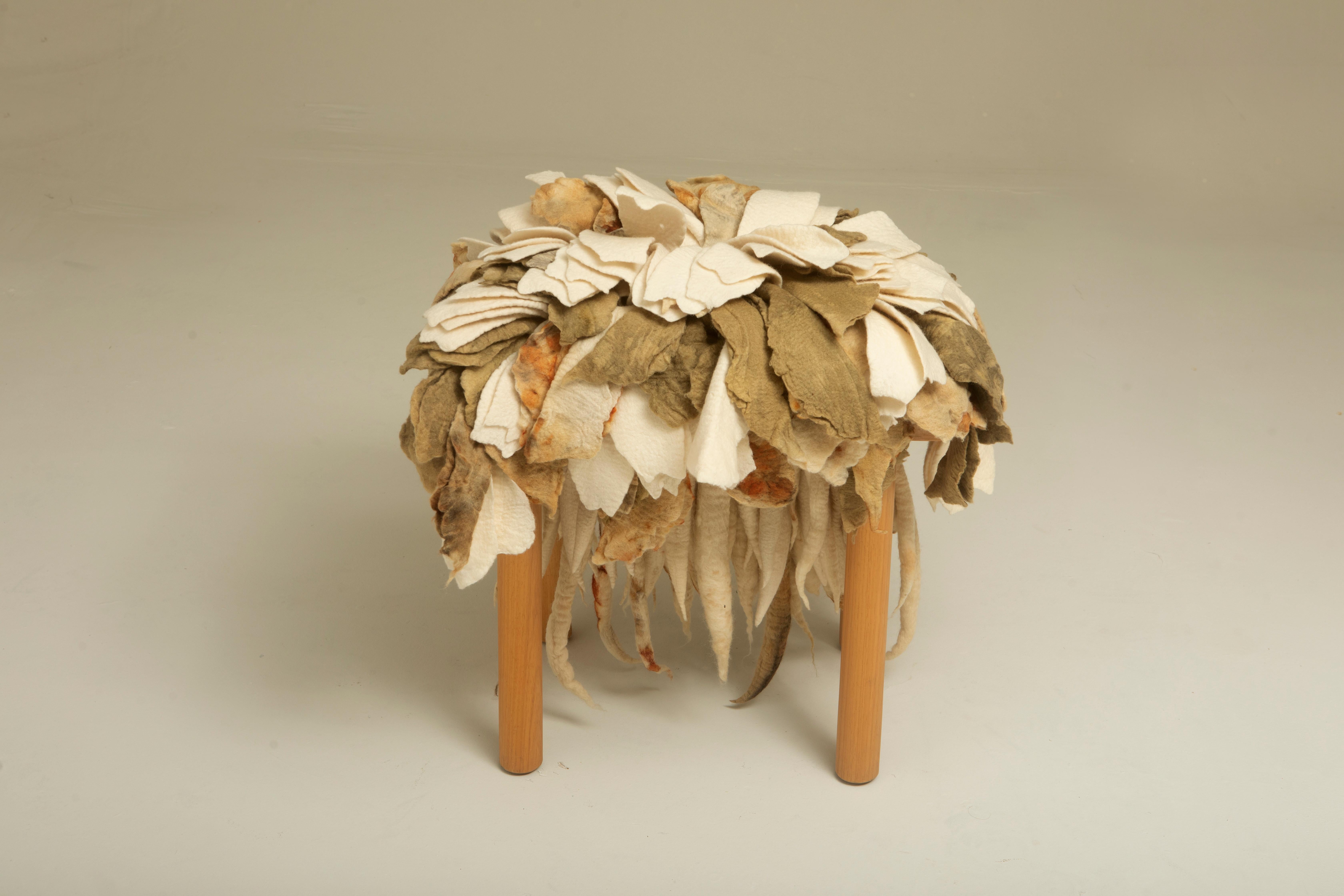 Post-Modern “Florada” Stool in Wool and Wood by Inês Schertel, Brazil, 2021 For Sale