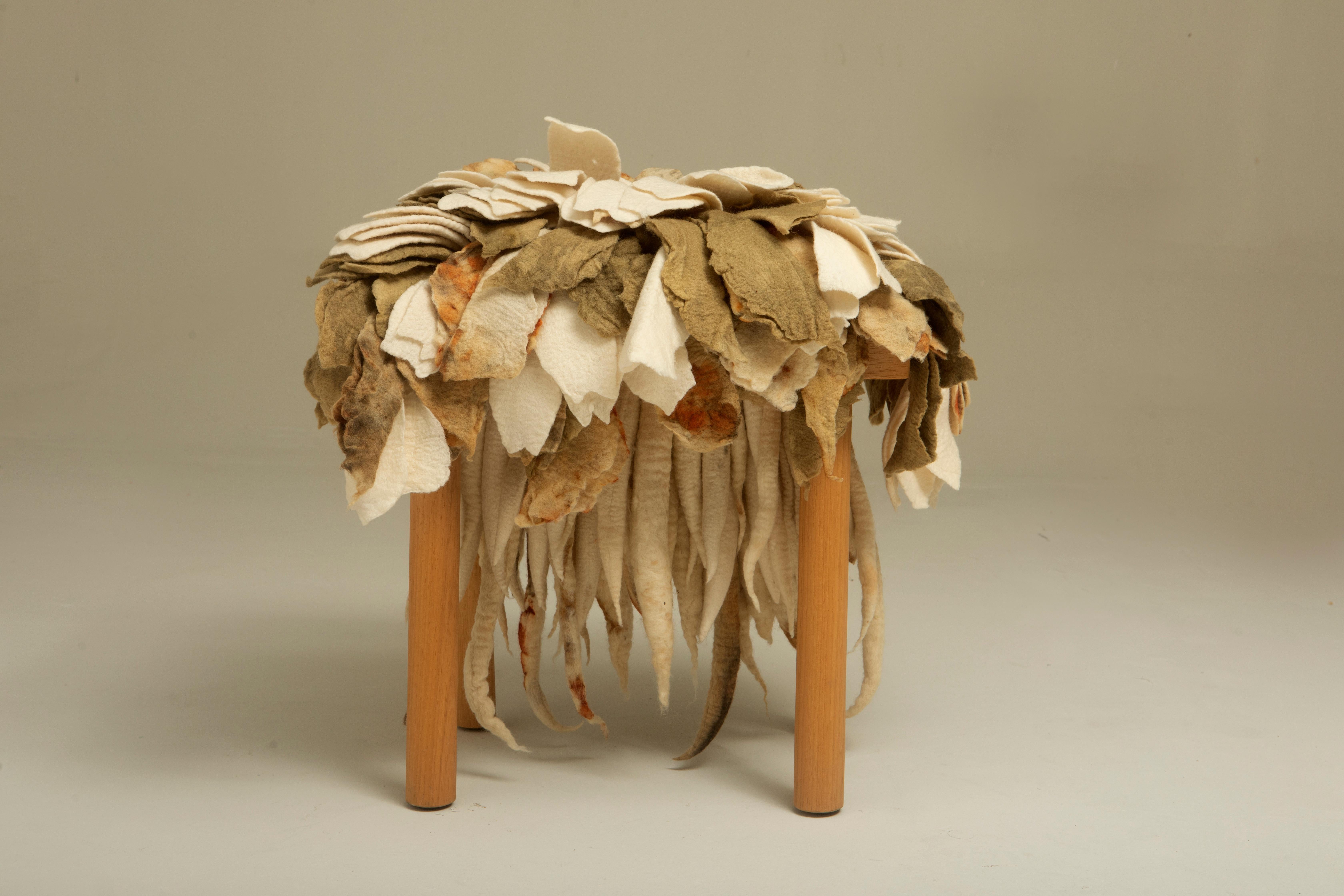 Brazilian “Florada” Stool in Wool and Wood by Inês Schertel, Brazil, 2021 For Sale