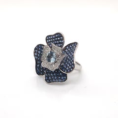 Floral 0.72 Carat Aquamarine and Blue Sapphire Ring in 14 Karat White Gold