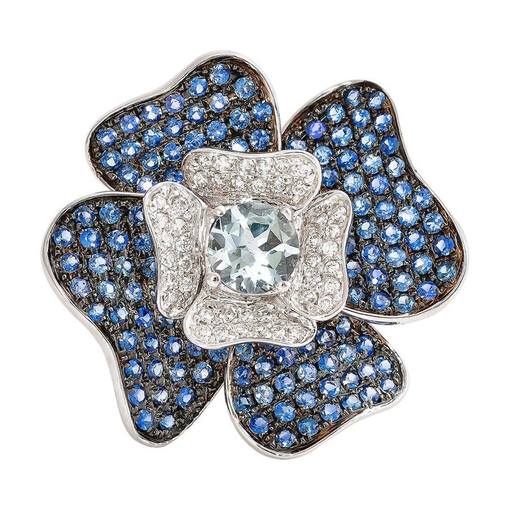Floral 0.72 Carat Aquamarine and Blue Sapphire Ring in 14 Karat White Gold