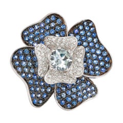 Floral 0.72 Carat Aquamarine and Blue Sapphire Ring in 14 Karat White Gold