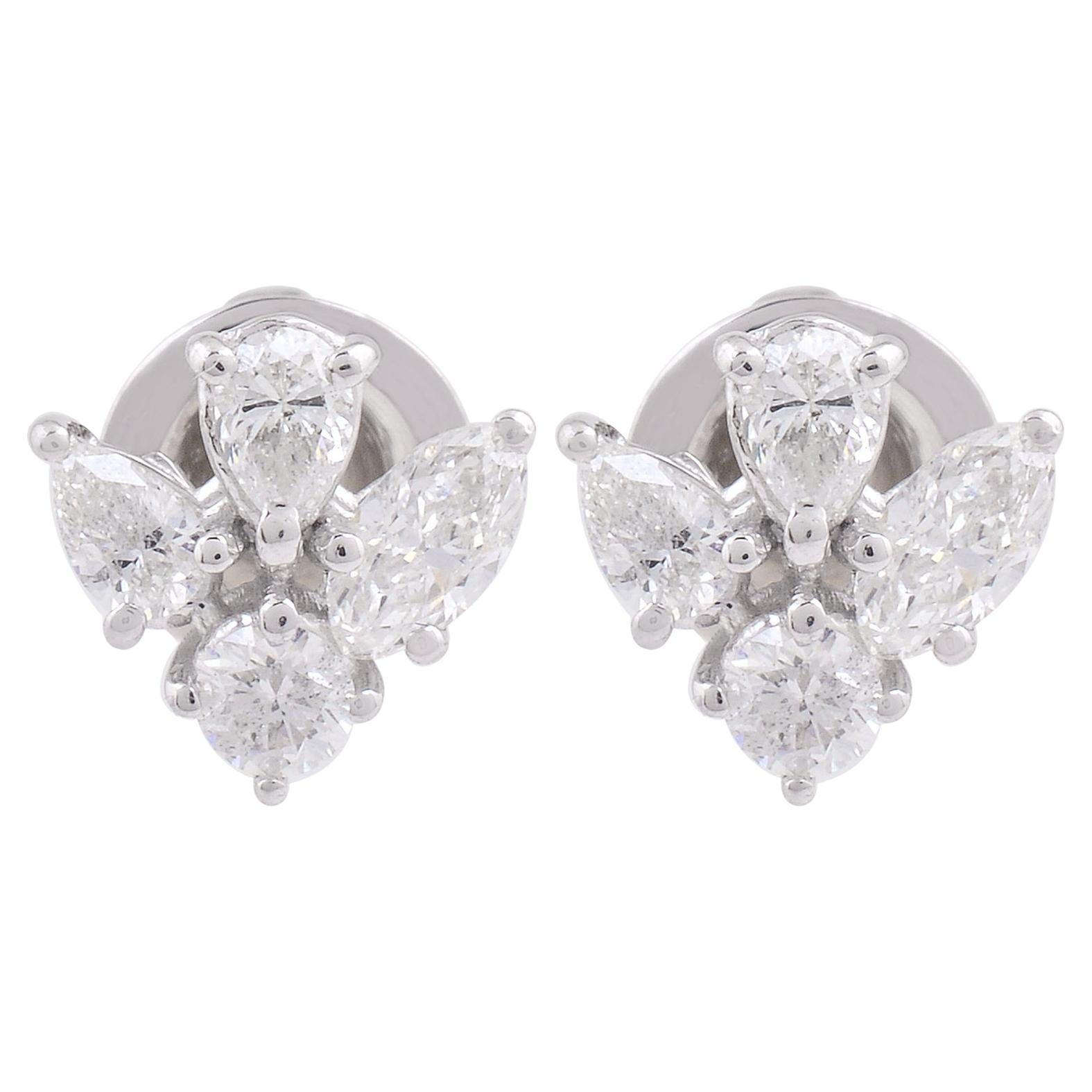 Floral 1,05 Karat Diamanten Cluster Minimalistische Ohrstecker aus 18k Weißgold