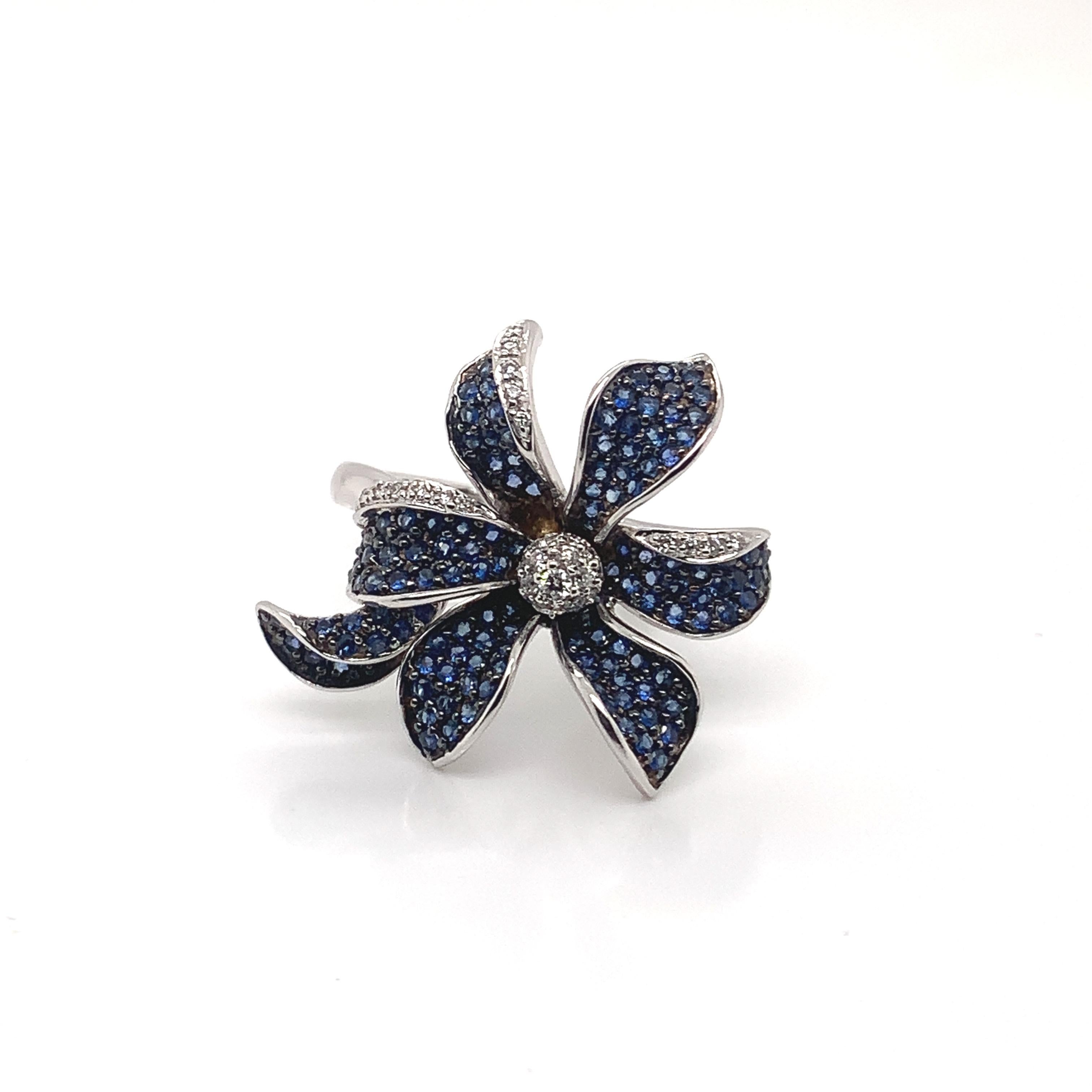 Round Cut Floral 1.7 Carat Blue Sapphire and Diamond Ring in 14 Karat White Gold