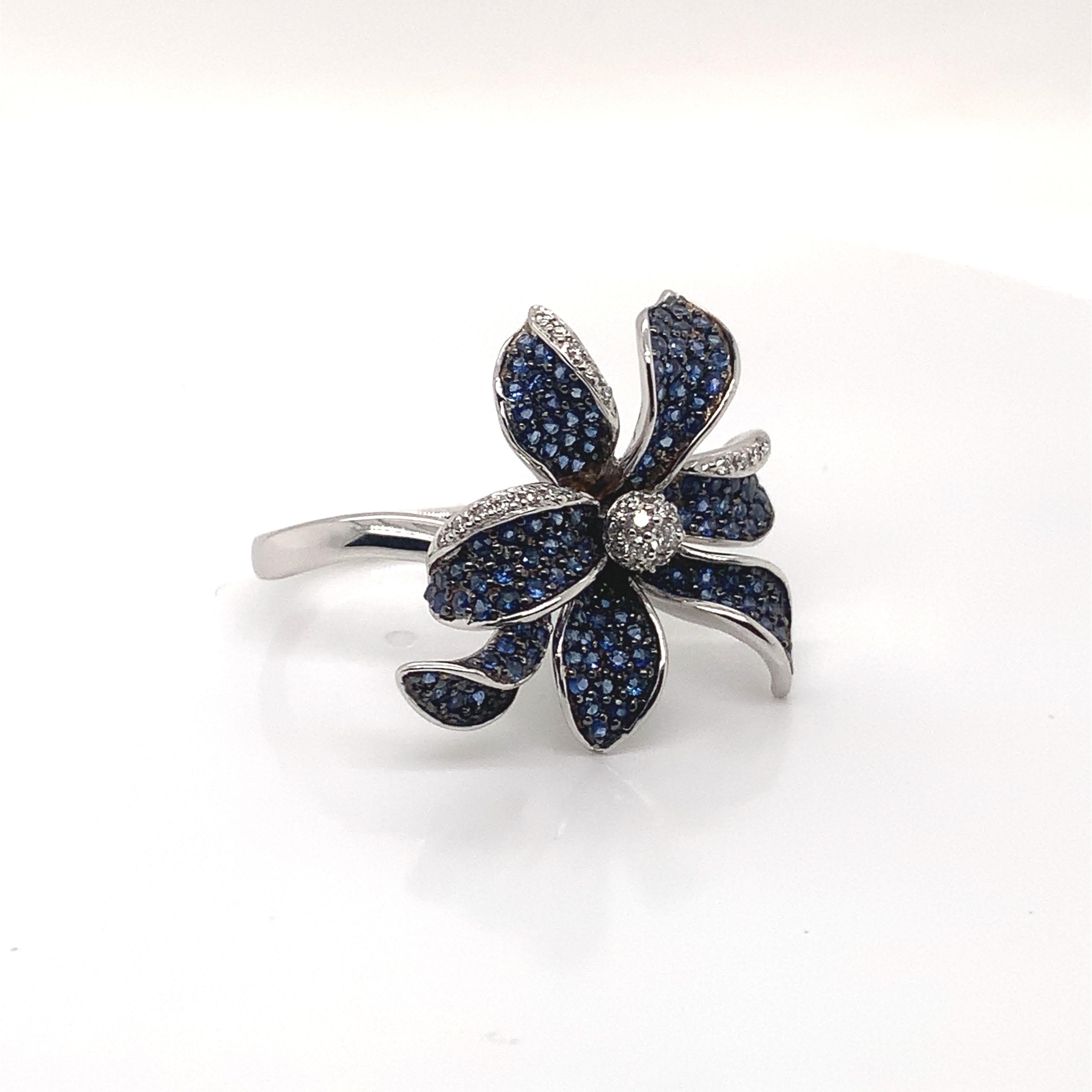 Floral 1.7 Carat Blue Sapphire and Diamond Ring in 14 Karat White Gold 1