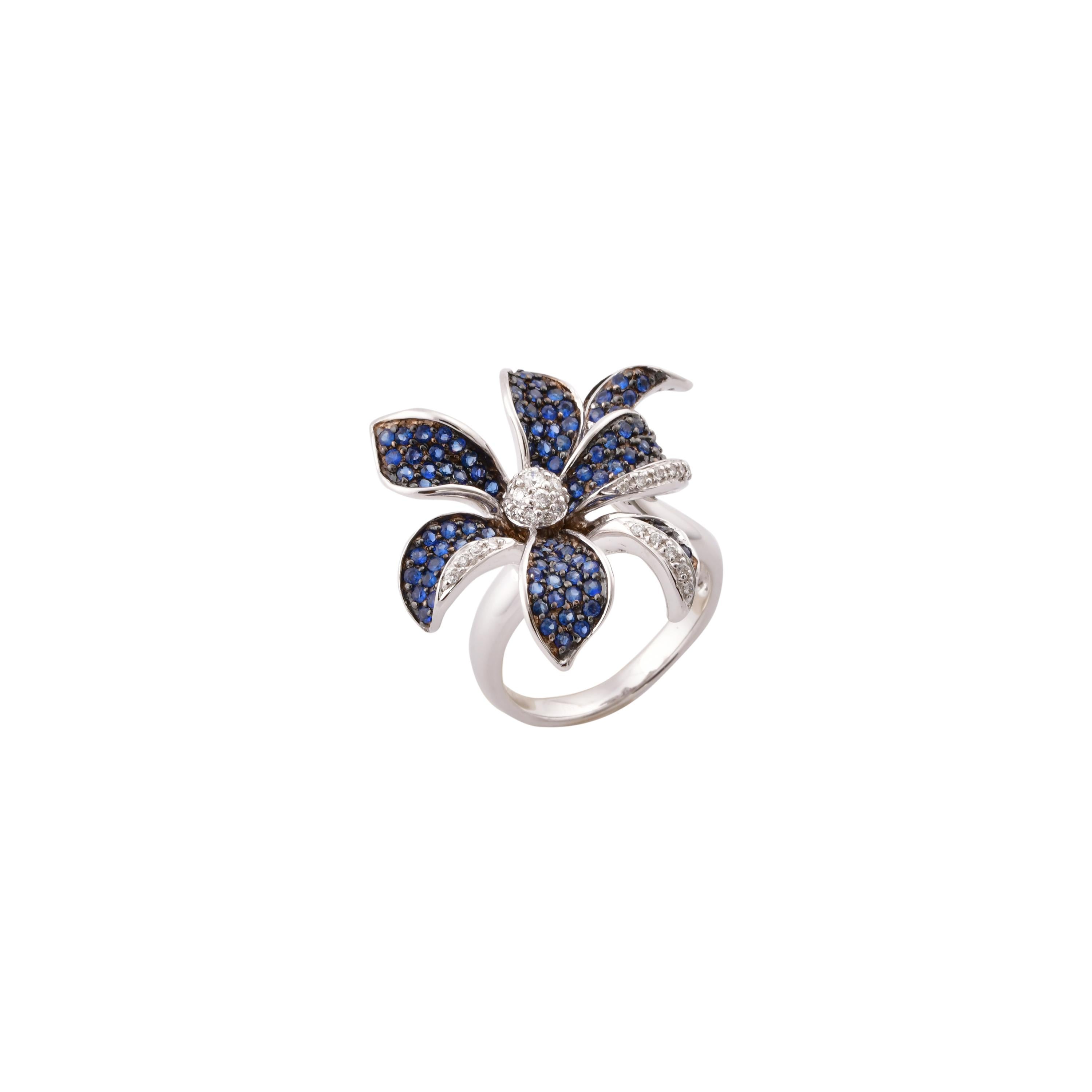 Floral 1.7 Carat Blue Sapphire and Diamond Ring in 14 Karat White Gold 2