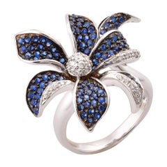 Floral 1.7 Carat Blue Sapphire and Diamond Ring in 14 Karat White Gold