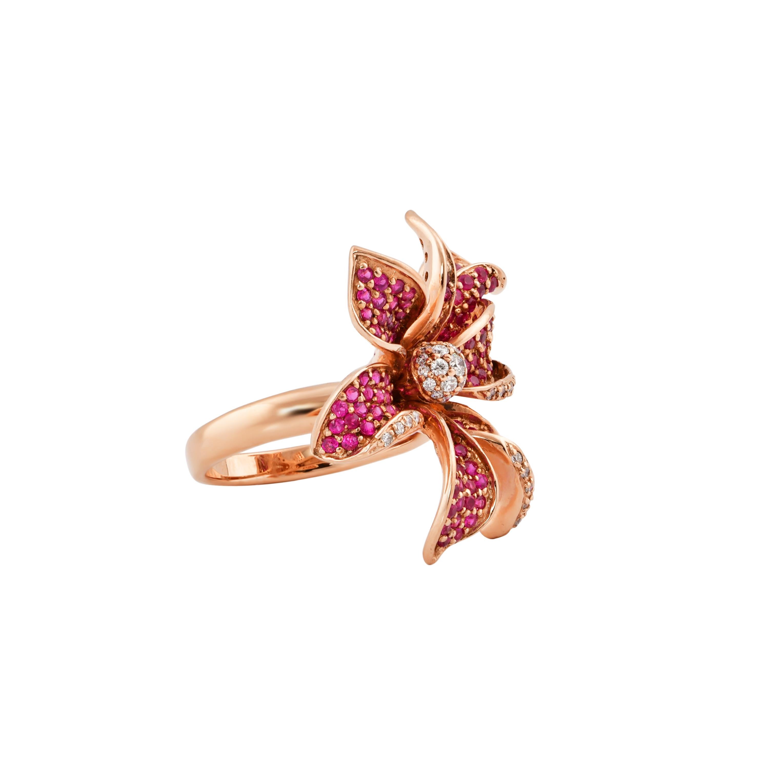 Contemporary Floral 1.7 Carat Ruby and Diamond Ring in 14 Karat Rose Gold