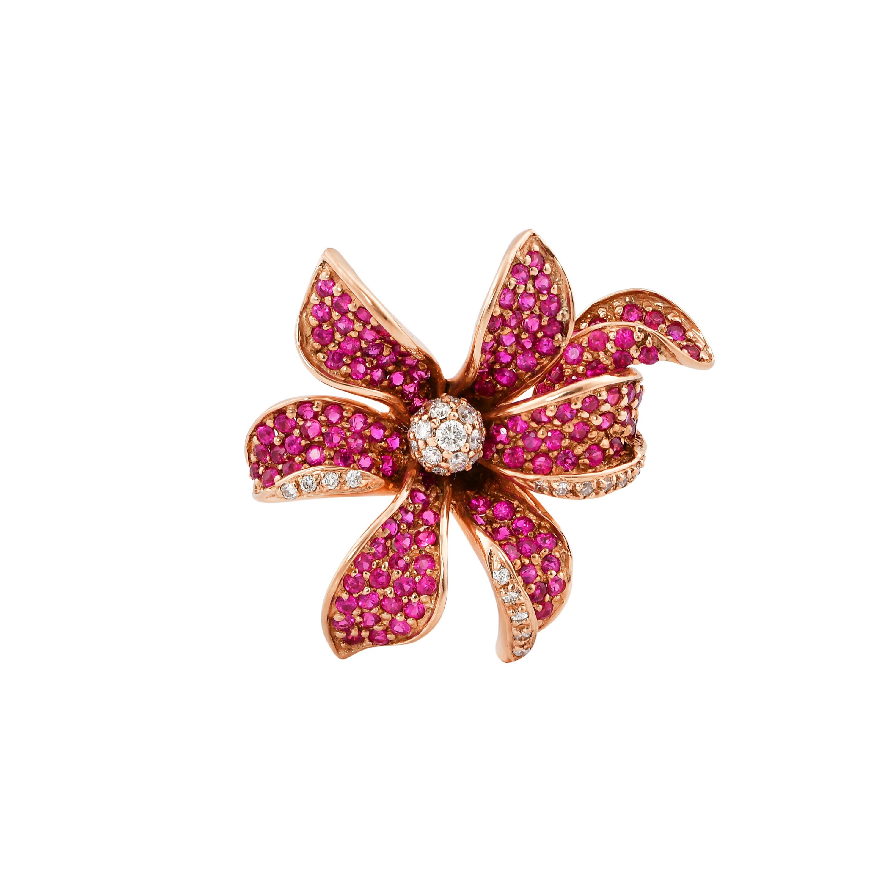 Floral 1.7 Carat Ruby and Diamond Ring in 14 Karat Rose Gold In New Condition In Hong Kong, HK
