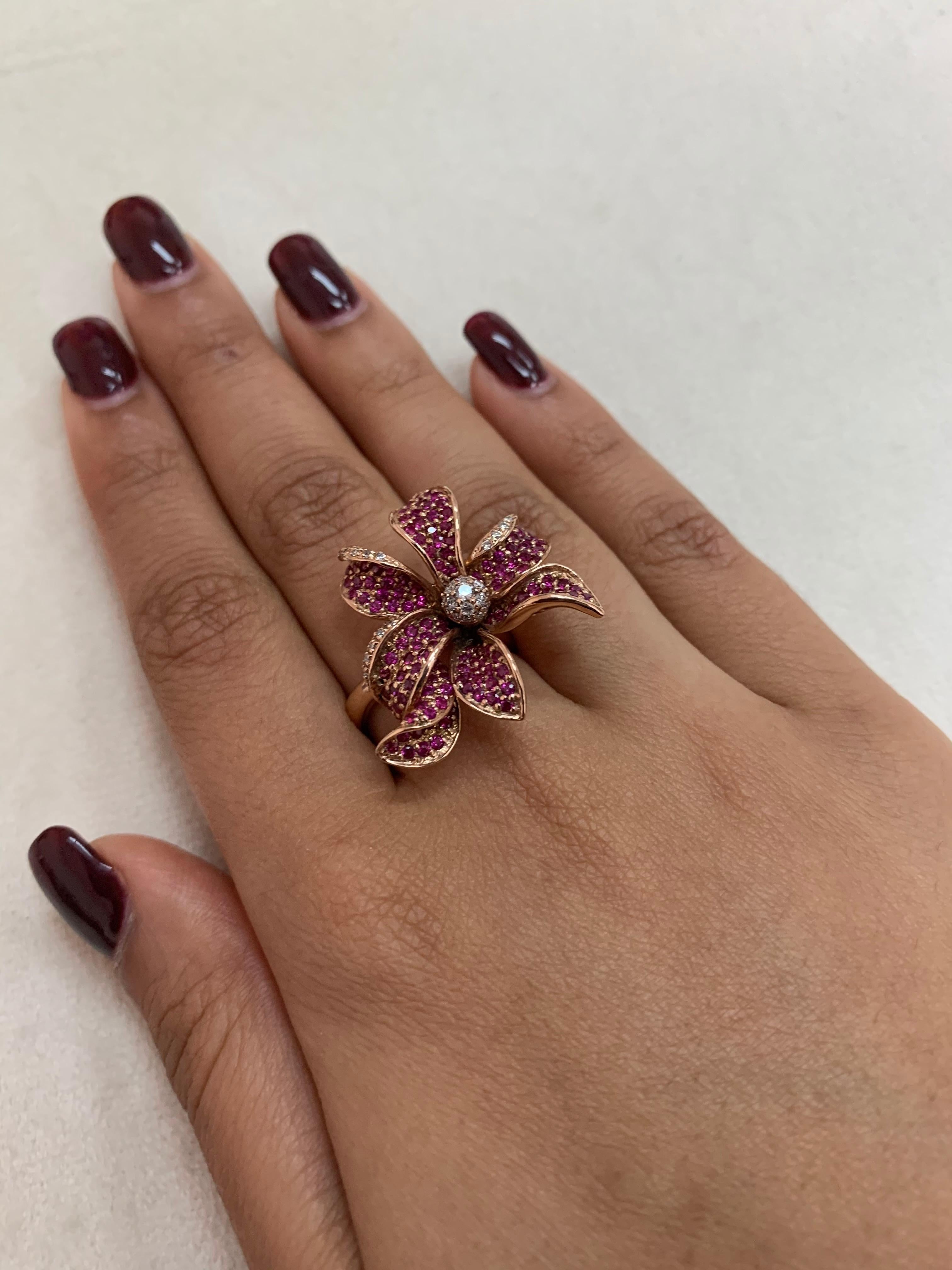 Round Cut Floral 1.7 Carat Ruby and Diamond Ring in 14 Karat Rose Gold
