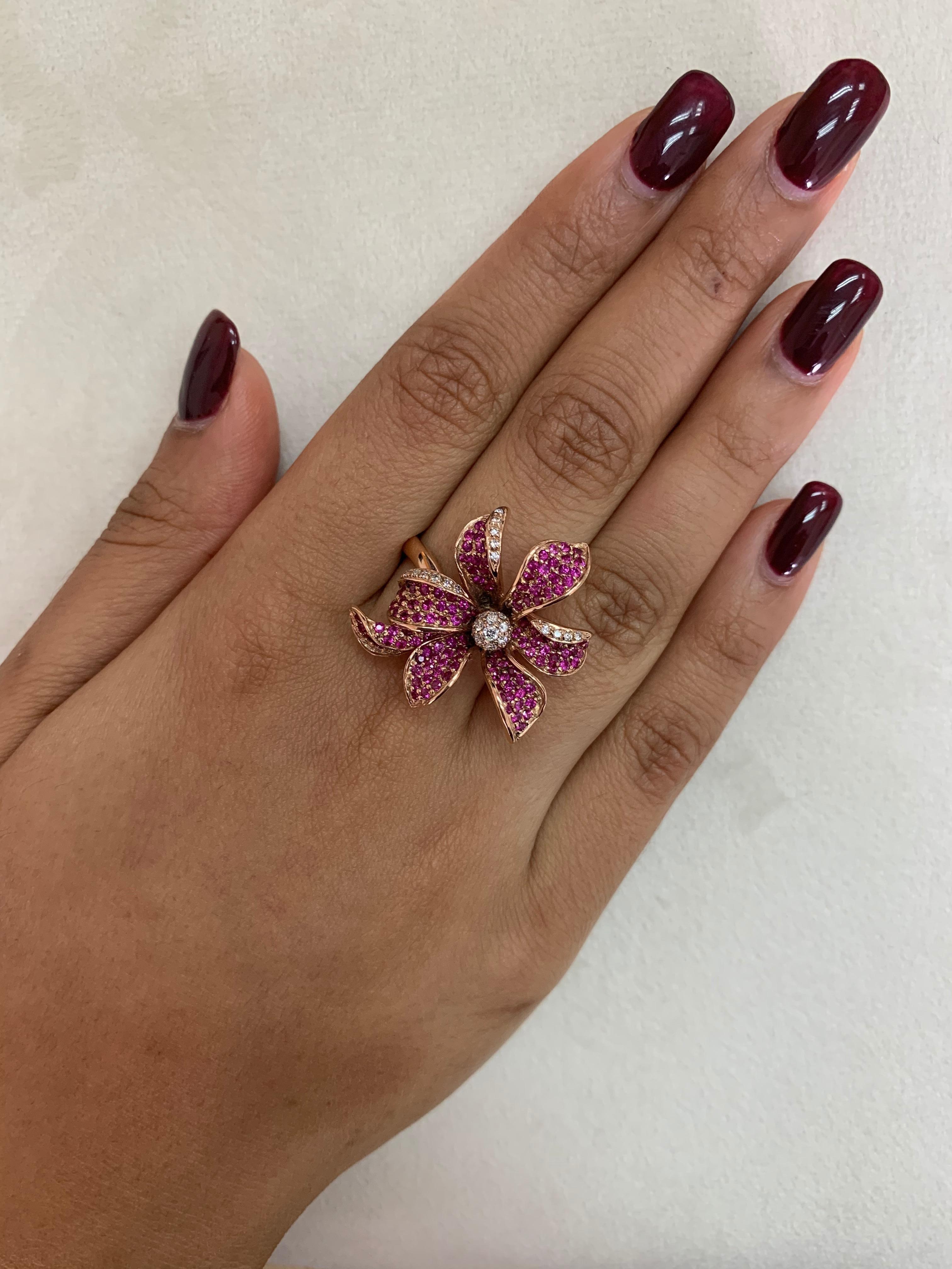 Women's Floral 1.7 Carat Ruby and Diamond Ring in 14 Karat Rose Gold