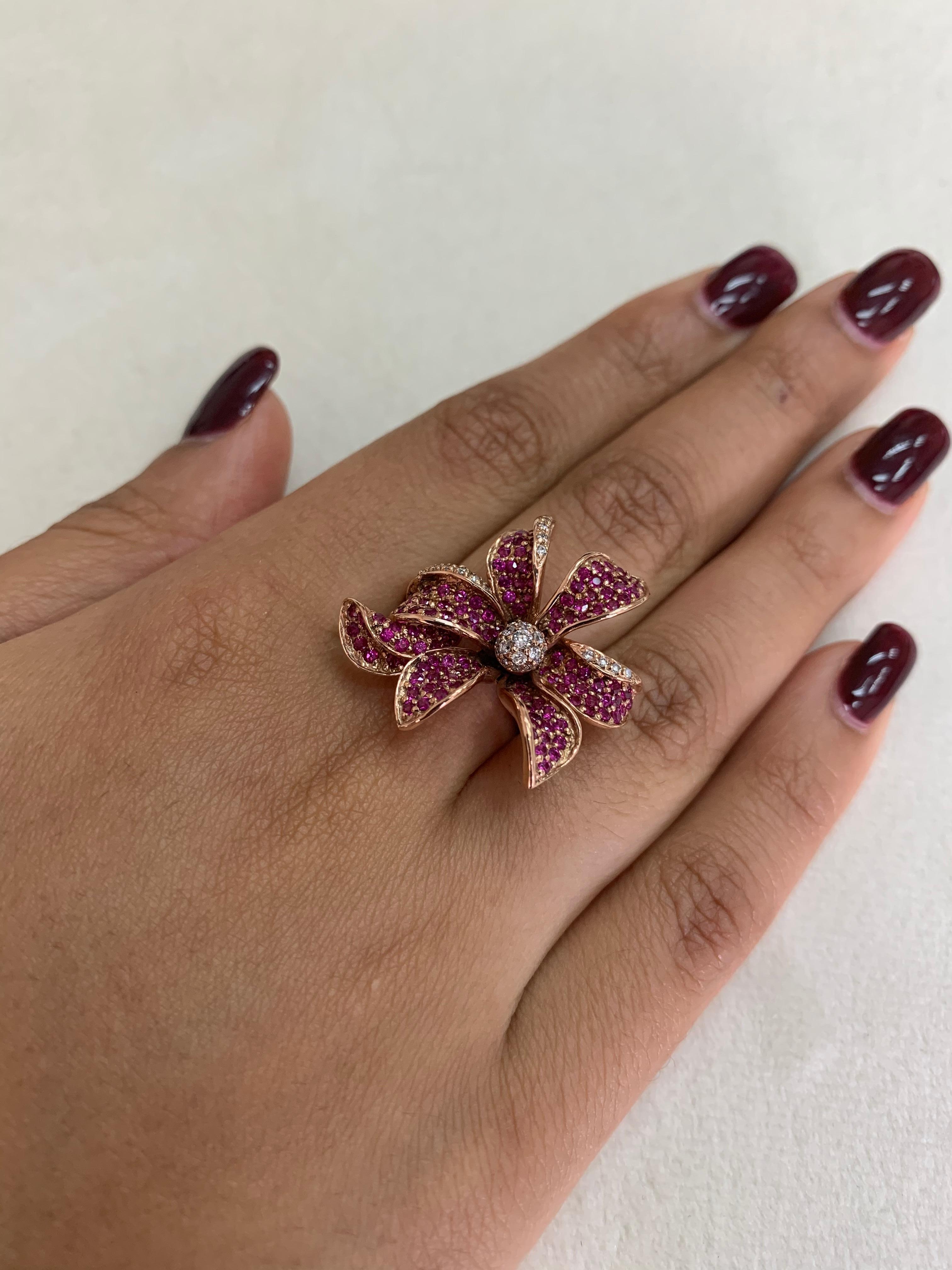 Floral 1.7 Carat Ruby and Diamond Ring in 14 Karat Rose Gold 2