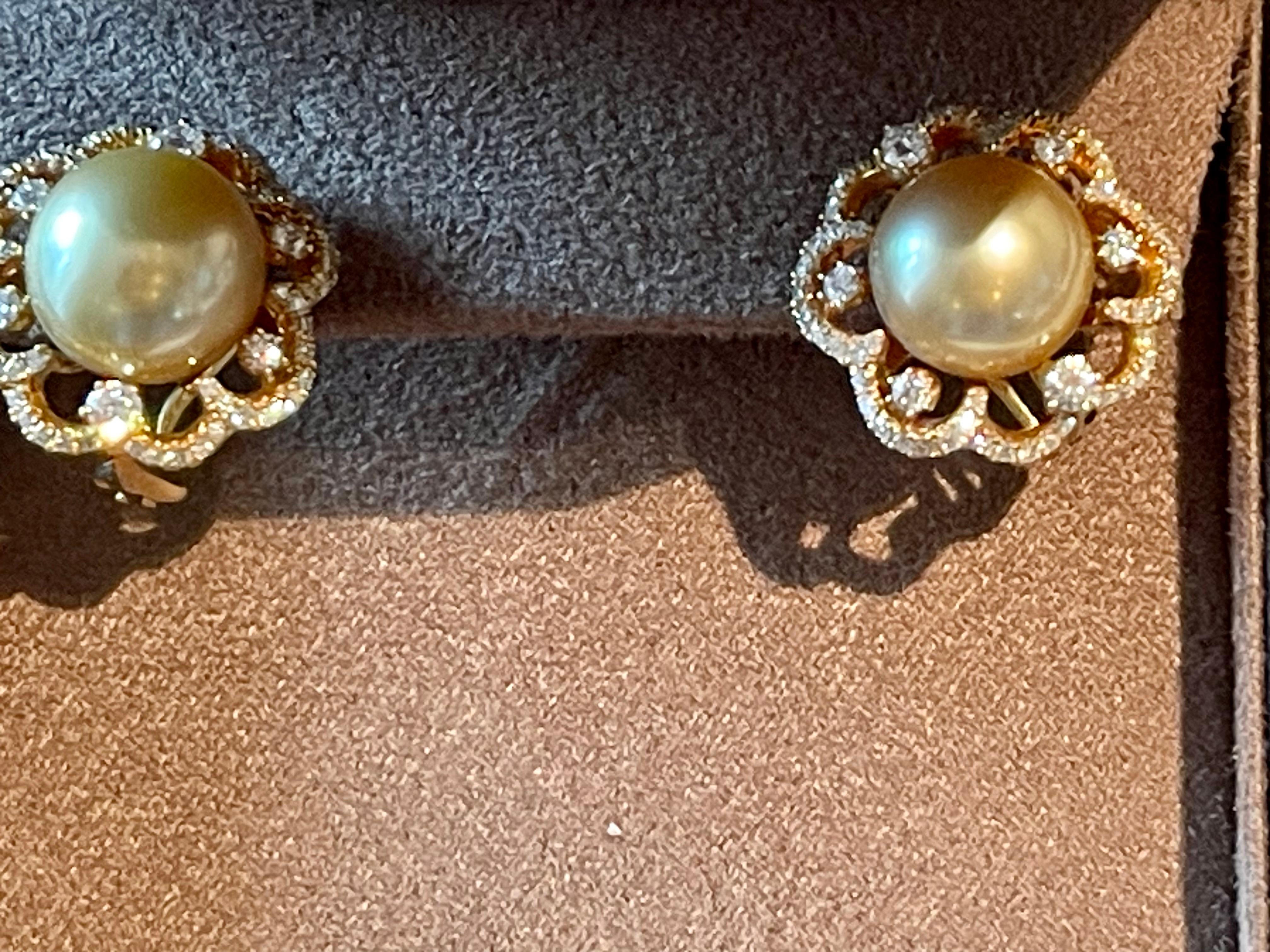 Brilliant Cut Floral 18 K yellow Gold golden South Sea Pearl Diamond earrings For Sale