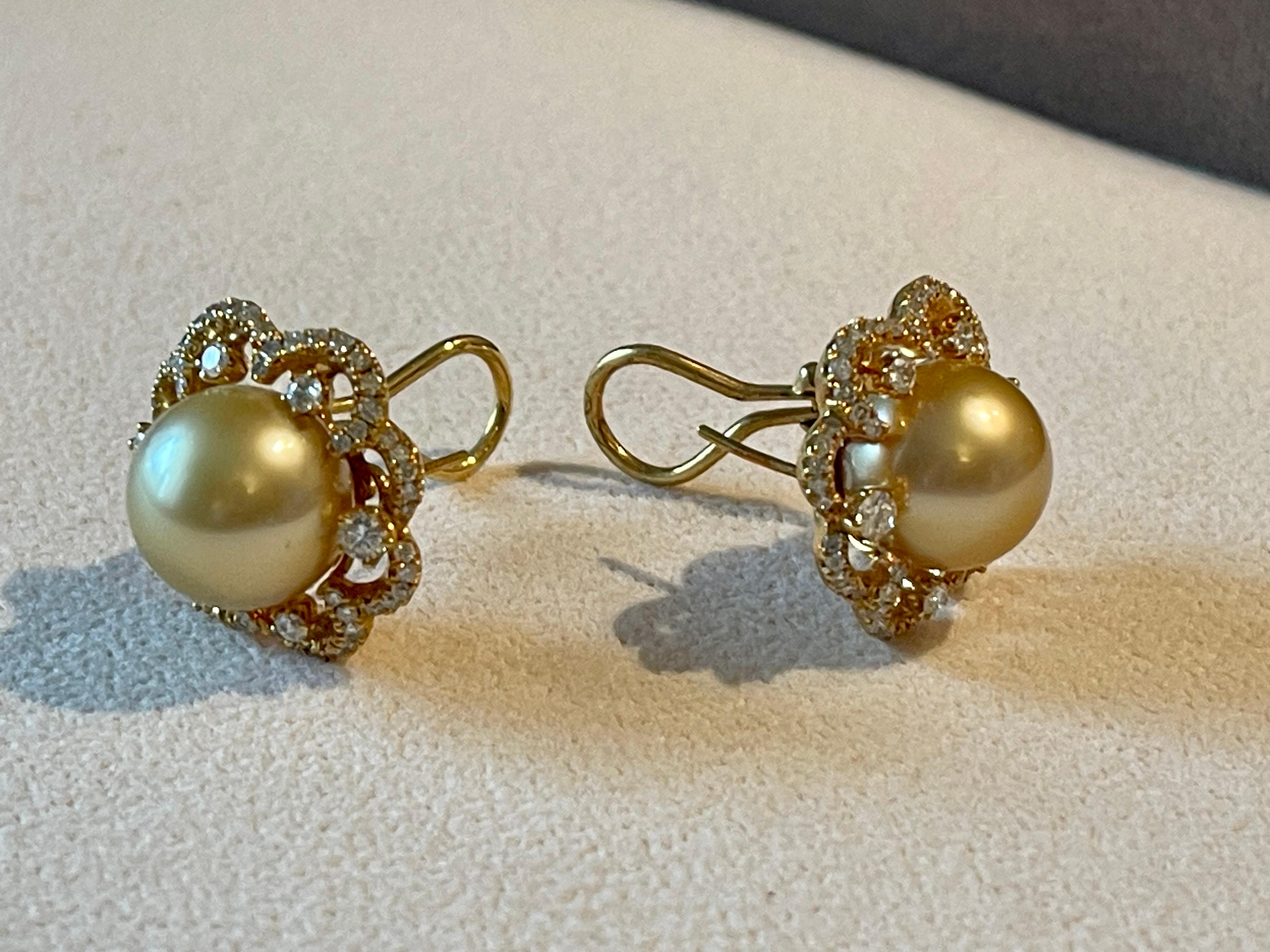 Floral 18 K yellow Gold golden South Sea Pearl Diamond earrings For Sale 1