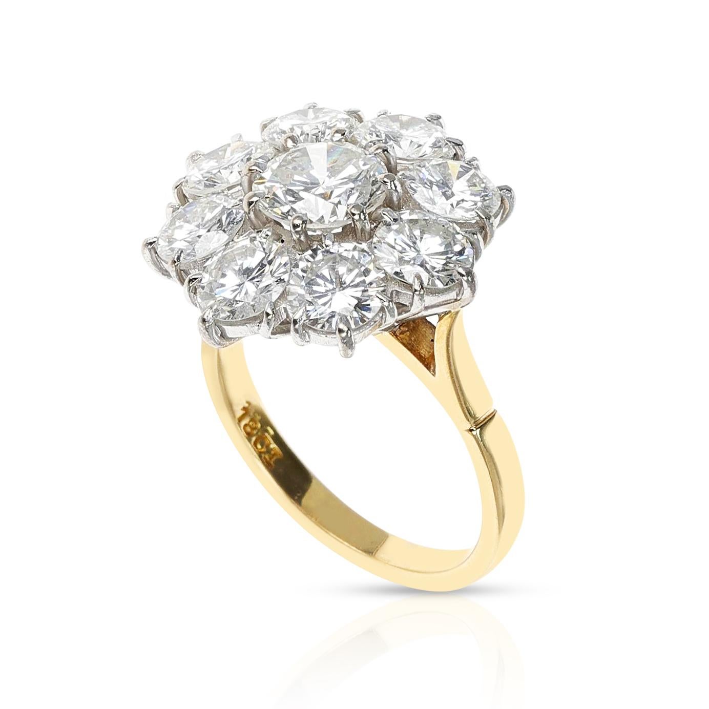 A floral diamond cluster ring with the center diamond as appx. 1 carat and the side diamonds as appx 3.35 carats. The color is appx F-G and the clarity is appx VS1. The ring is made in 18 Karat Yellow and White Gold. The ring size is 6.50 US and the