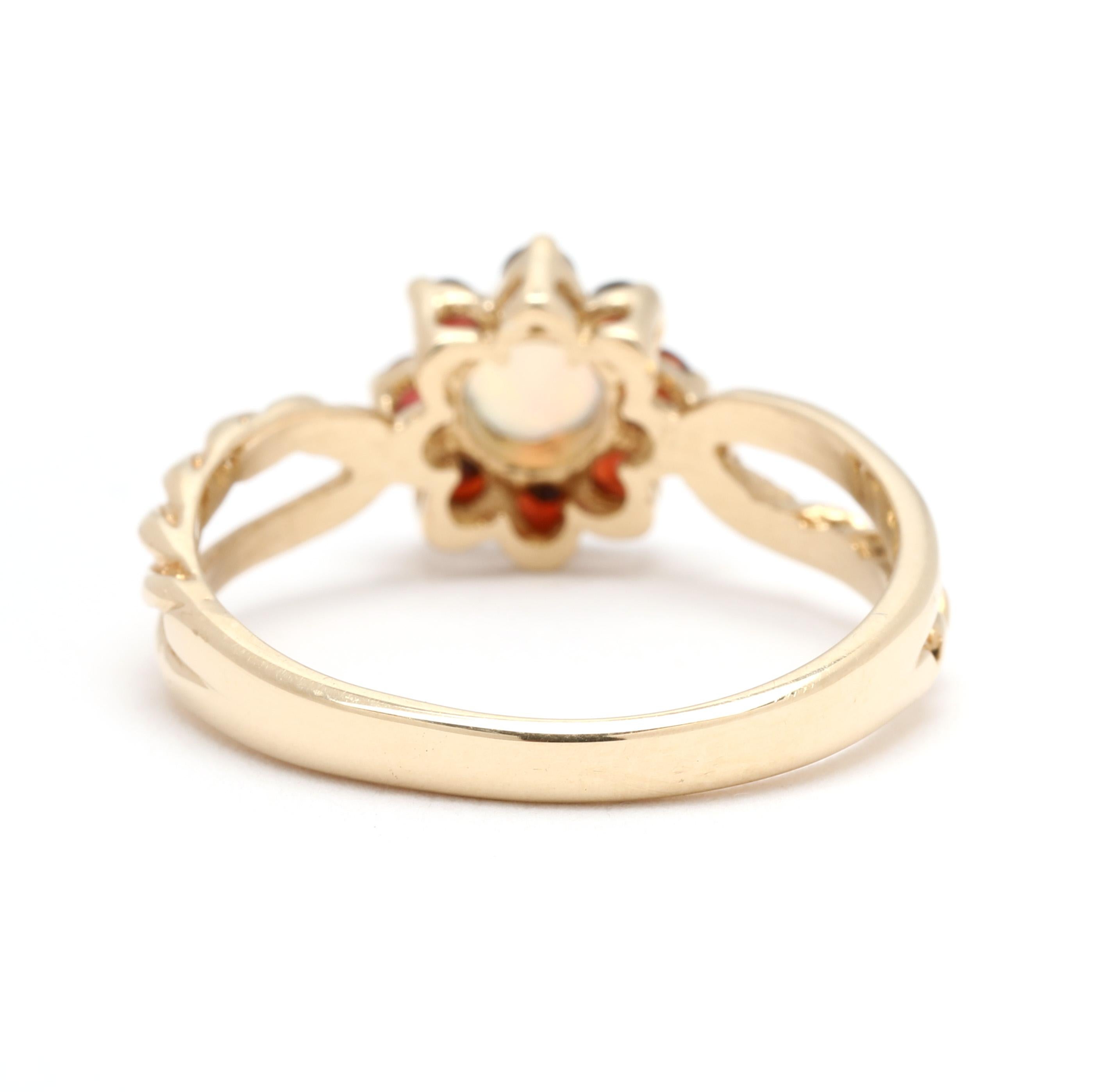 Floral .40ctw Granat und Opal Cocktail-Ring, 14k Gelbgold, Ring Größe 6 (Rundschliff)