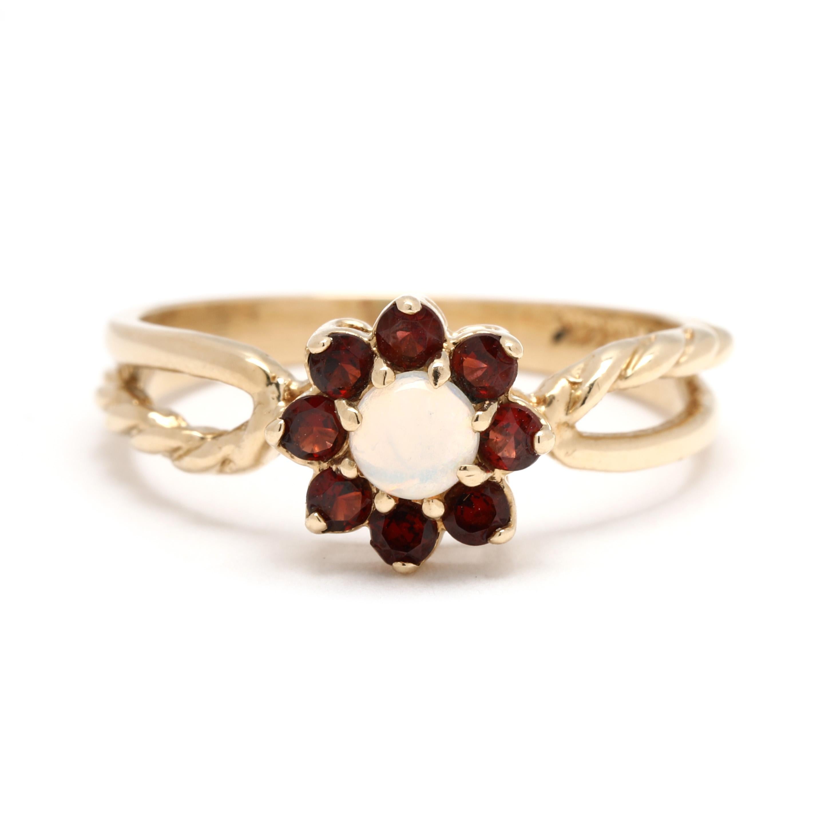 Floral .40ctw Granat und Opal Cocktail-Ring, 14k Gelbgold, Ring Größe 6