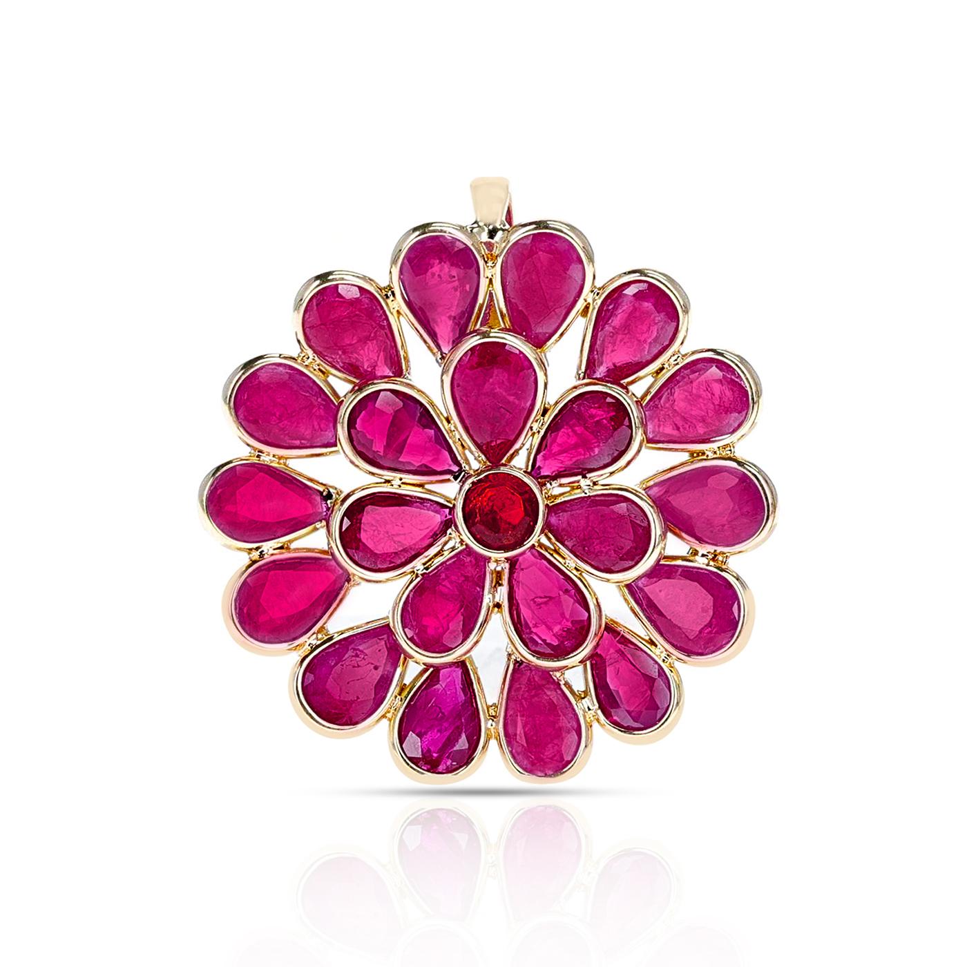 A Floral 4.30 ct. Ruby Pendant, 18k Yellow Gold. Length: 0.75 inches. Total Weight: 2.24 grams. 