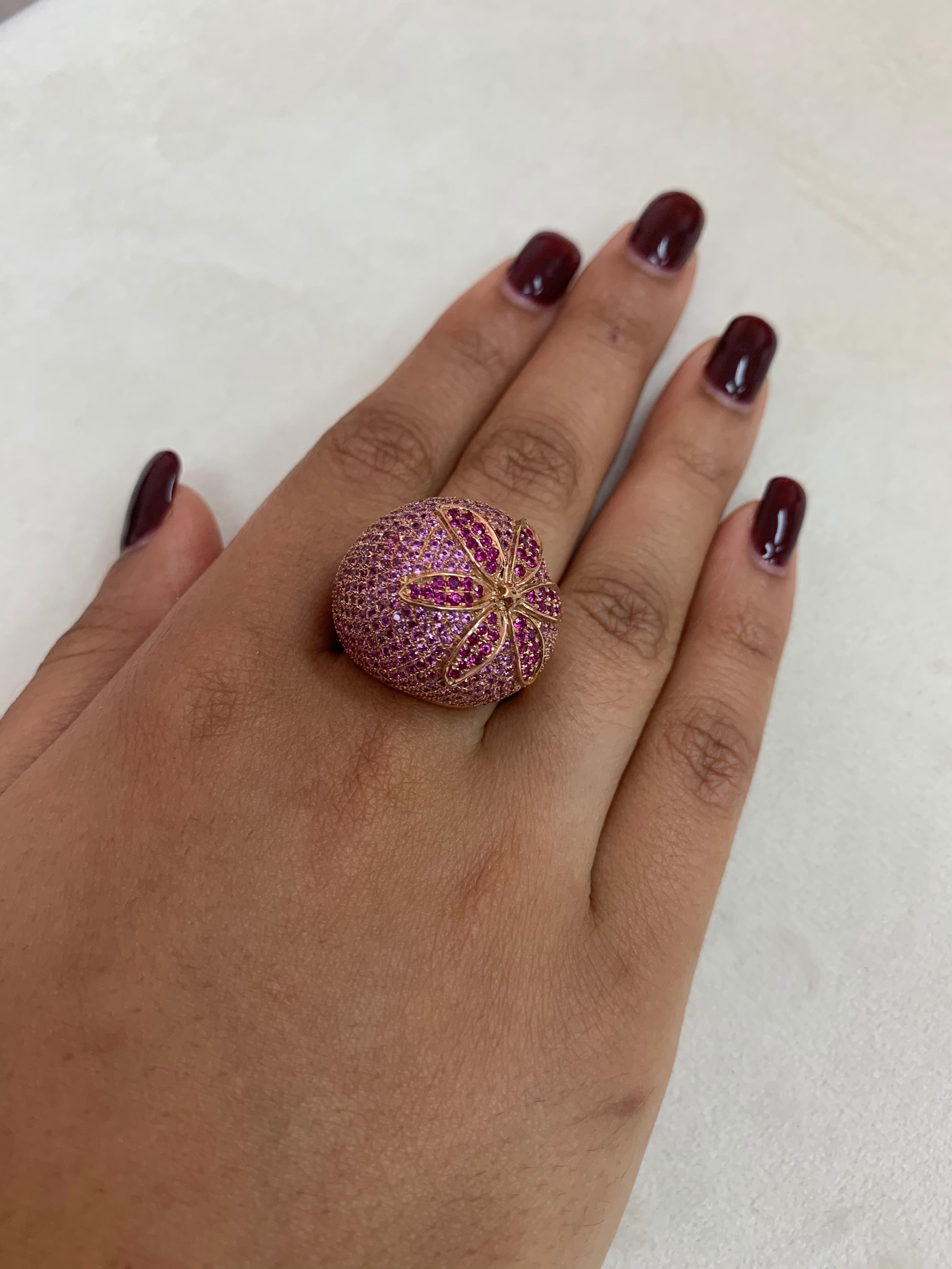 Round Cut Floral 5.2 Carat Ruby and Pink Sapphire Ring in 14 Karat Rose Gold For Sale