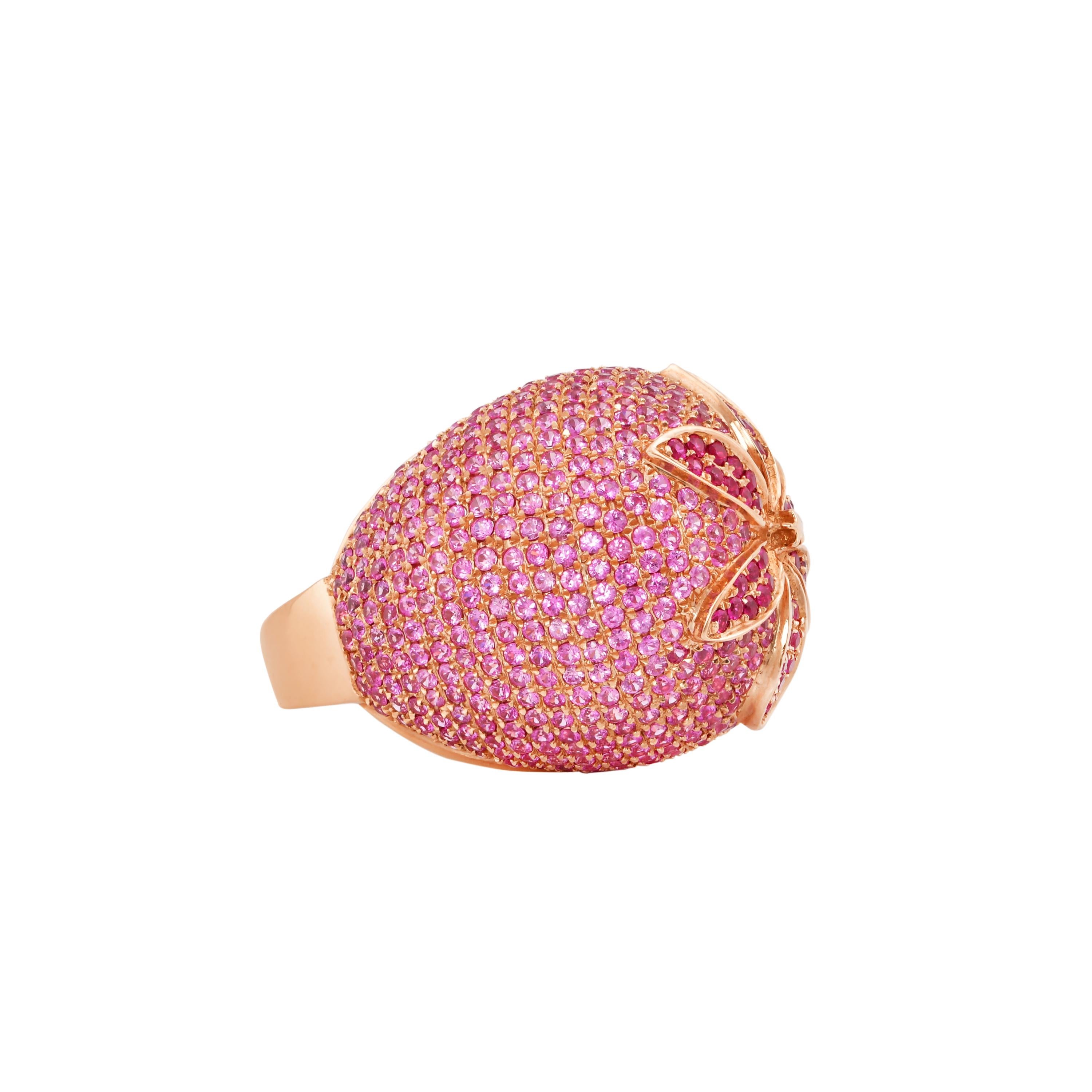 Contemporary Floral 5.2 Carat Ruby and Pink Sapphire Ring in 14 Karat Rose Gold For Sale