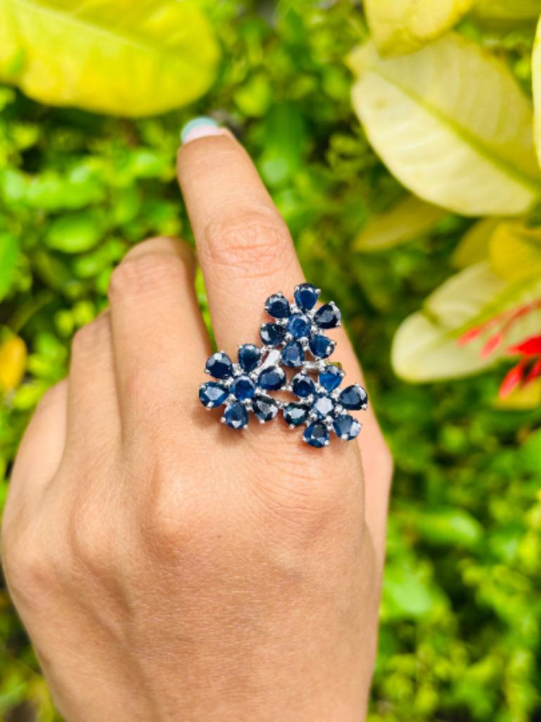 For Sale:  Floral 8.1 Ct Blue Sapphire Statement Ring For Her, 925 Sterling Silver Ring 6