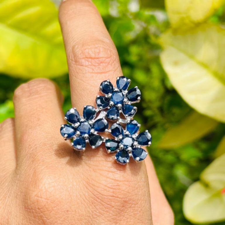 For Sale:  Floral 8.1 Ct Blue Sapphire Statement Ring For Her, 925 Sterling Silver Ring 8