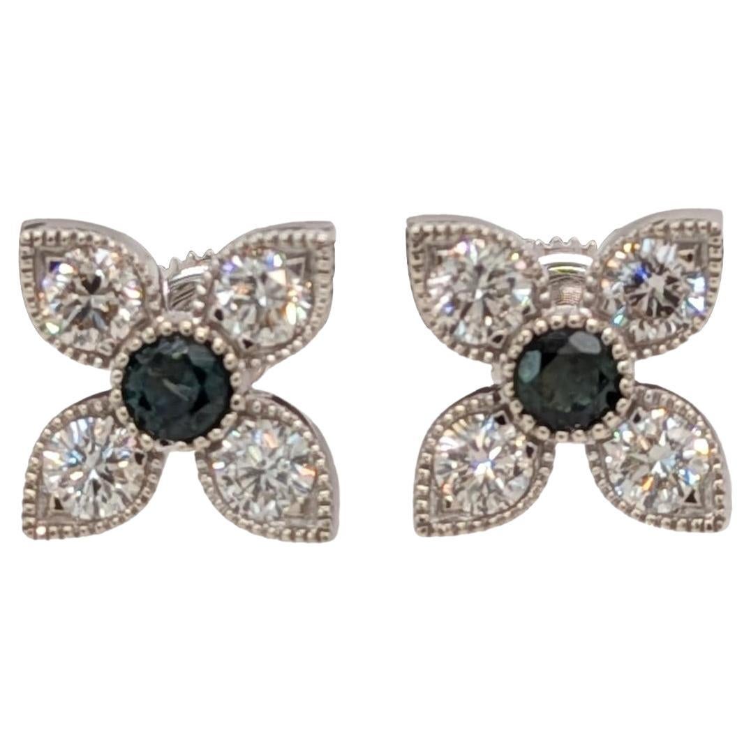 Floral Alexandrite Earrings w Natural Diamond Accents in Solid 14K White Gold
