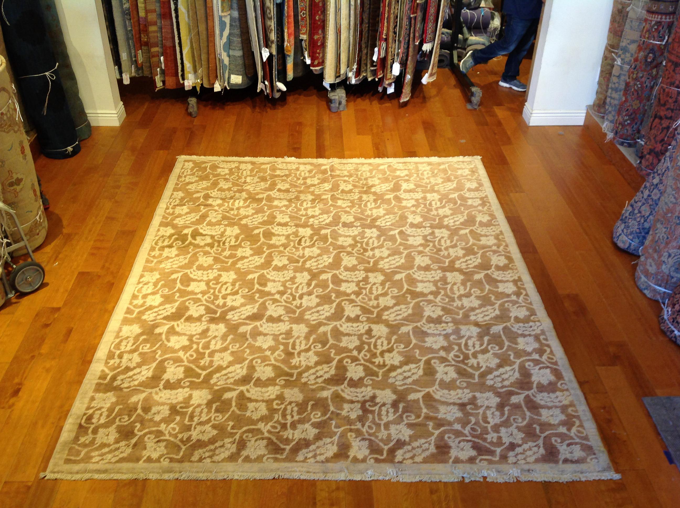 Wool Floral All-Over Design Rug in Brown and Beige