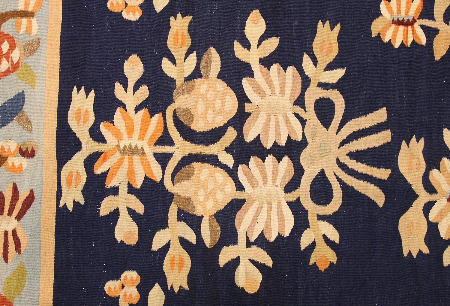 Hand-Knotted Floral All-Over Navy Field Antique Ukrainian Bessarabian Wool Kilim, ca. 1920
