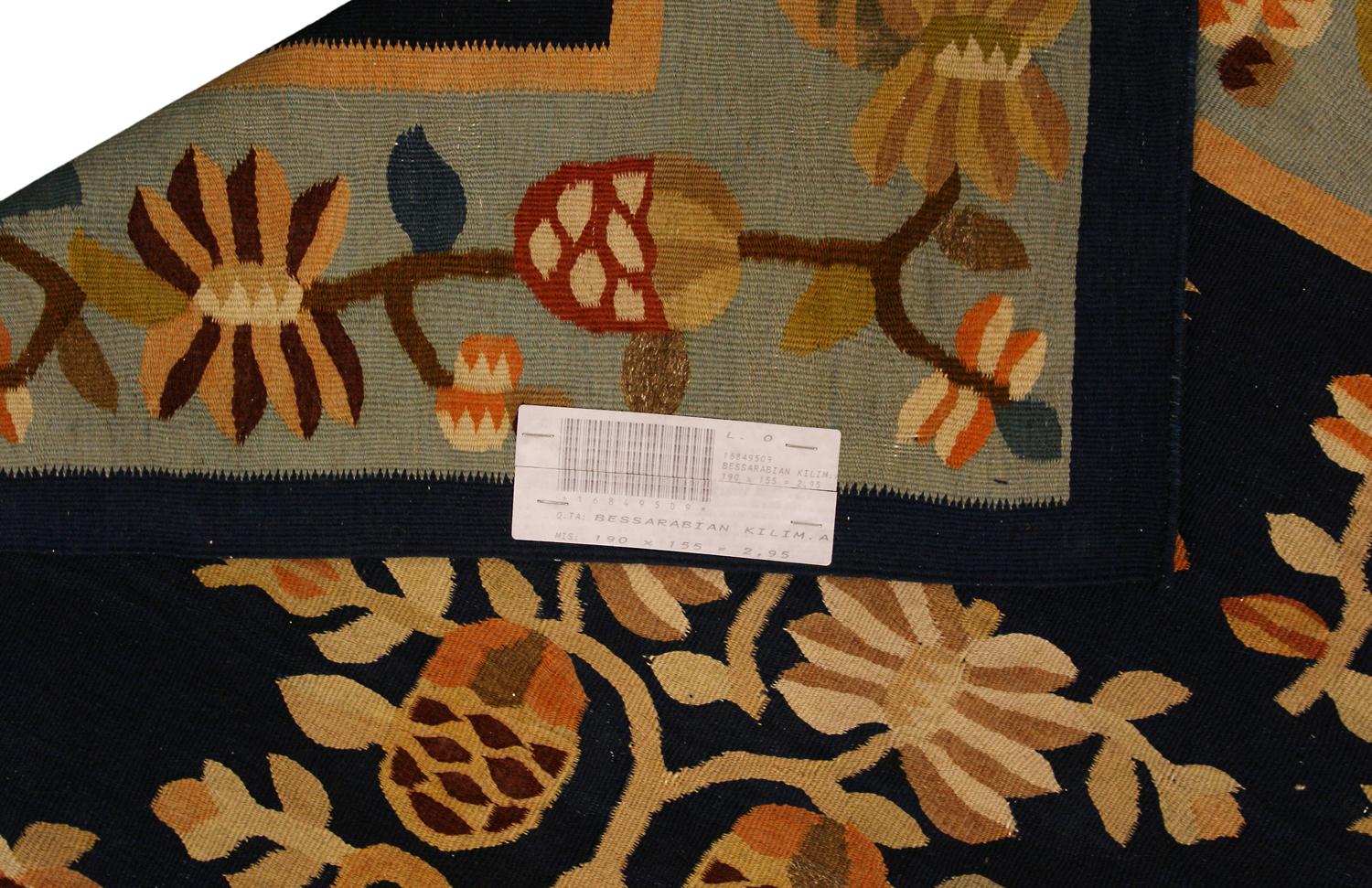 20th Century Floral All-Over Navy Field Antique Ukrainian Bessarabian Wool Kilim, ca. 1920