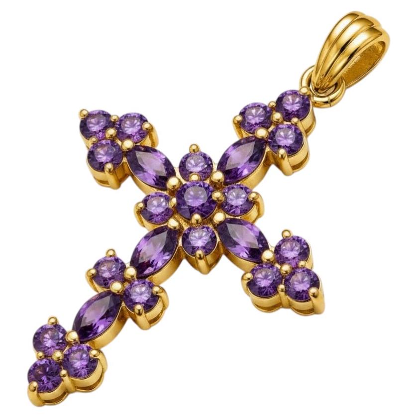Floral Amethyst Cross Pendant Silver, gold For Sale