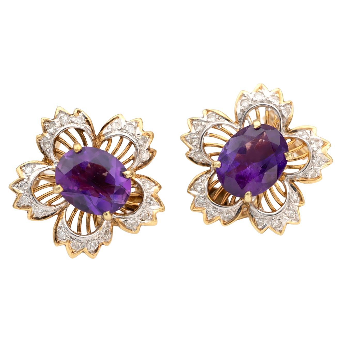 Floral Amethyst Diamond Earrings in 14K Gold