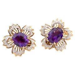 Floral Amethyst Diamond Earrings in 14K Gold